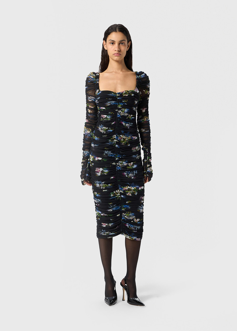 Blumarine PRINTED TULLE MIDI DRESS WITH GATHERING outlook
