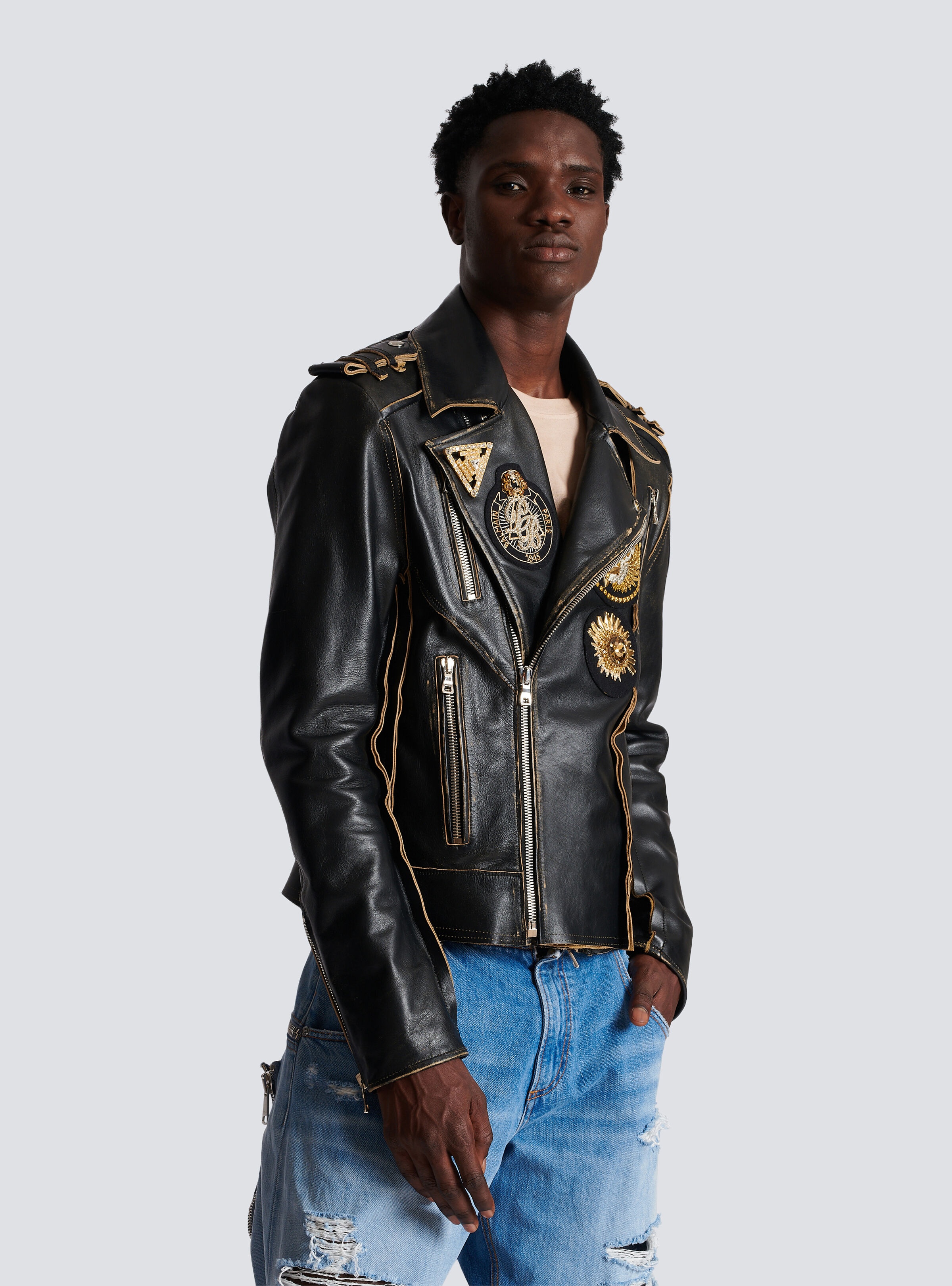 Leather biker jacket with embroidered badges - 6
