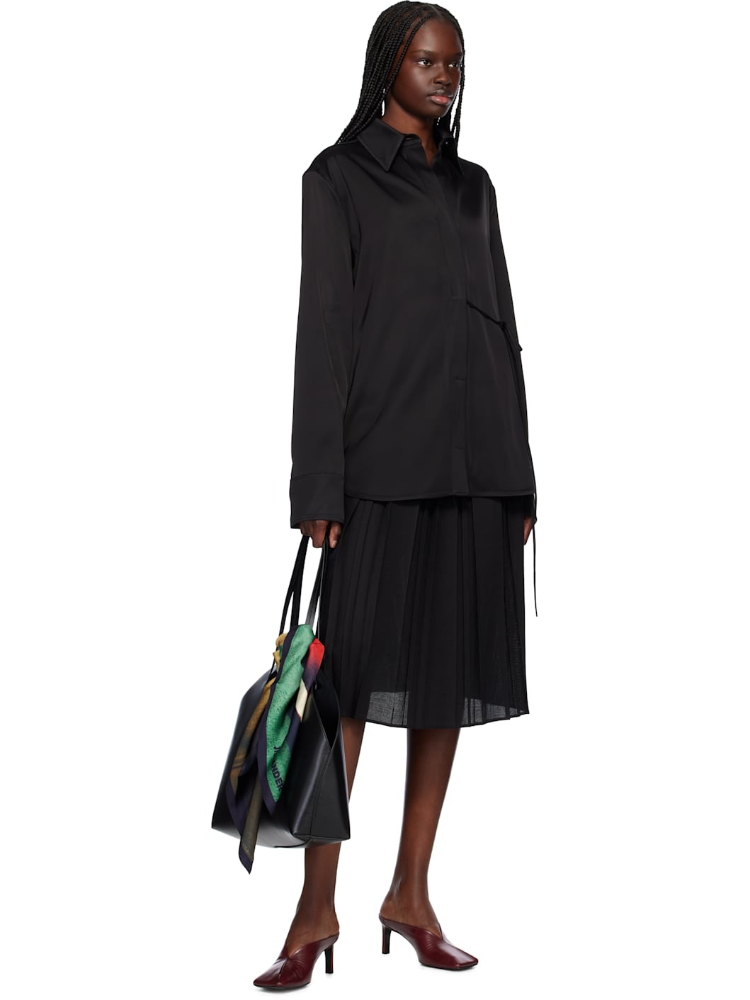Black Pleated Wool Midi Skirt - 4