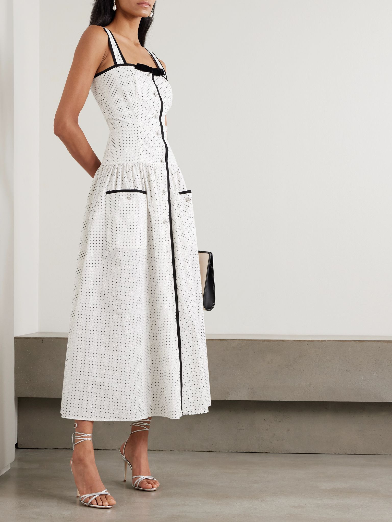 Bow-detailed velvet-trimmed gathered printed cotton-poplin midi dress White - 2