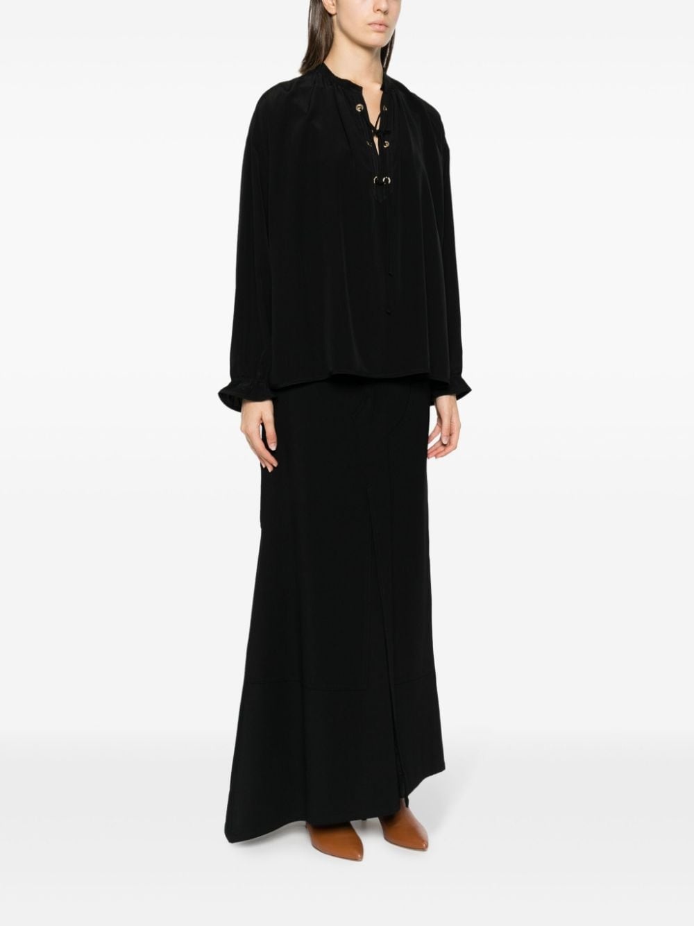 lace-up neckline silk blouse - 3