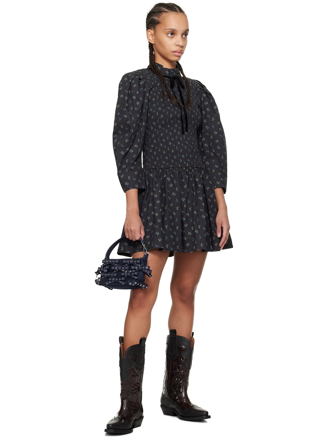 Black Printed Smock Minidress - 4