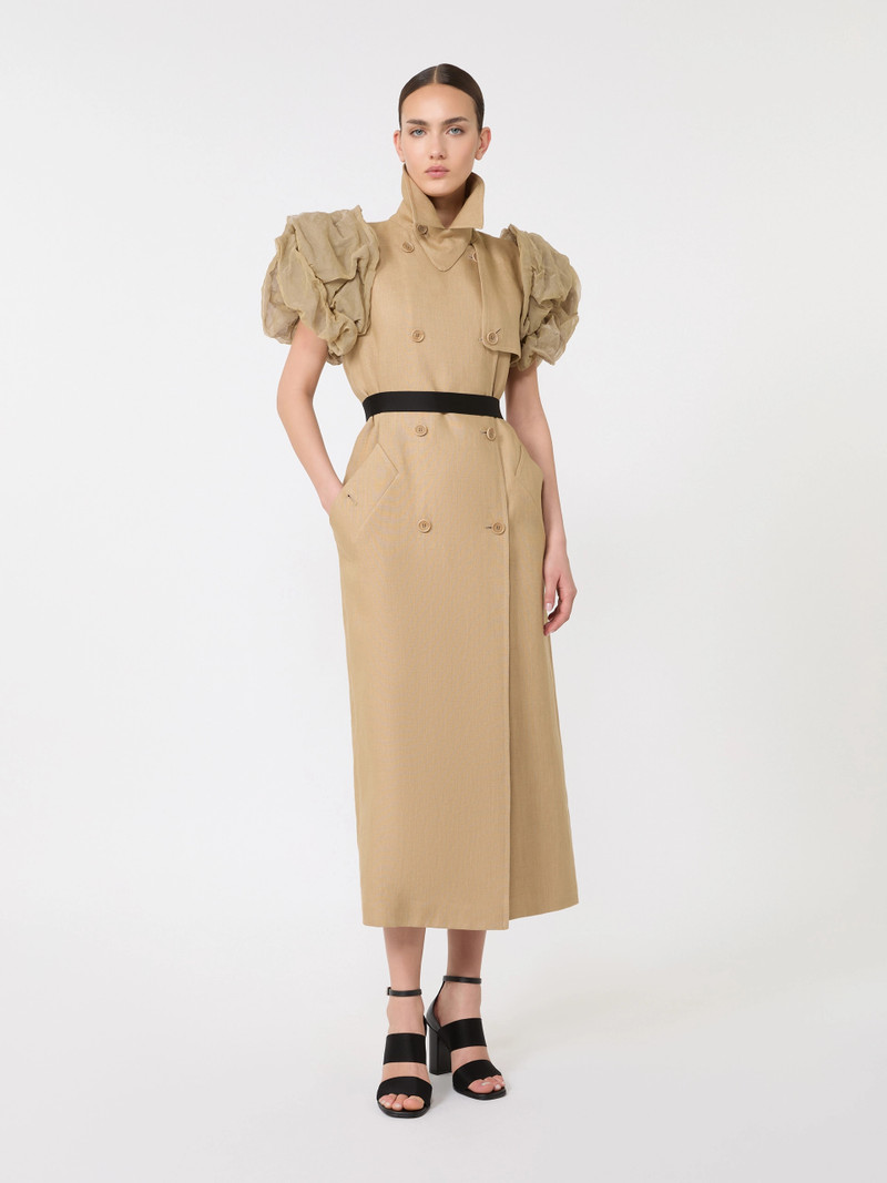 Max Mara ECRU Sleeveless duster coat in linen basketweave with ruffles - CAMEL outlook
