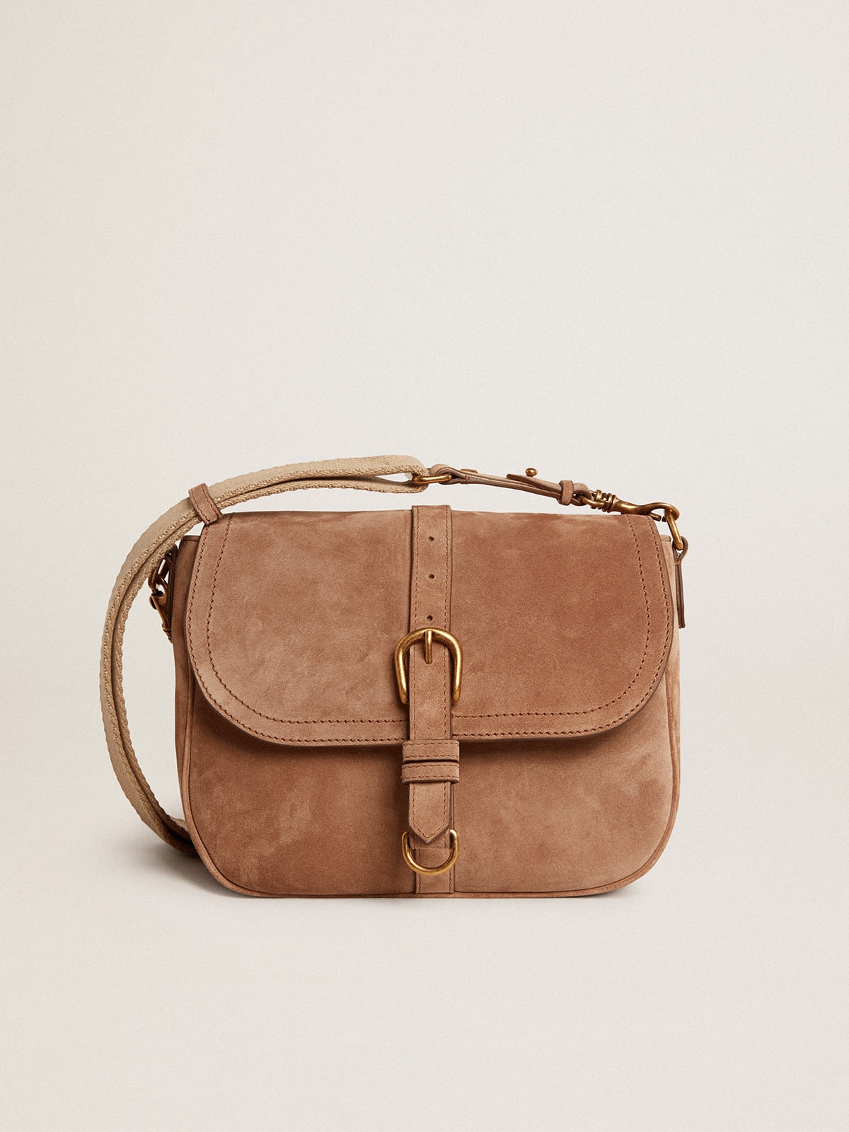 Medium Sally Bag in ash-colored suede with contrasting buckle and shoulder strap - 1