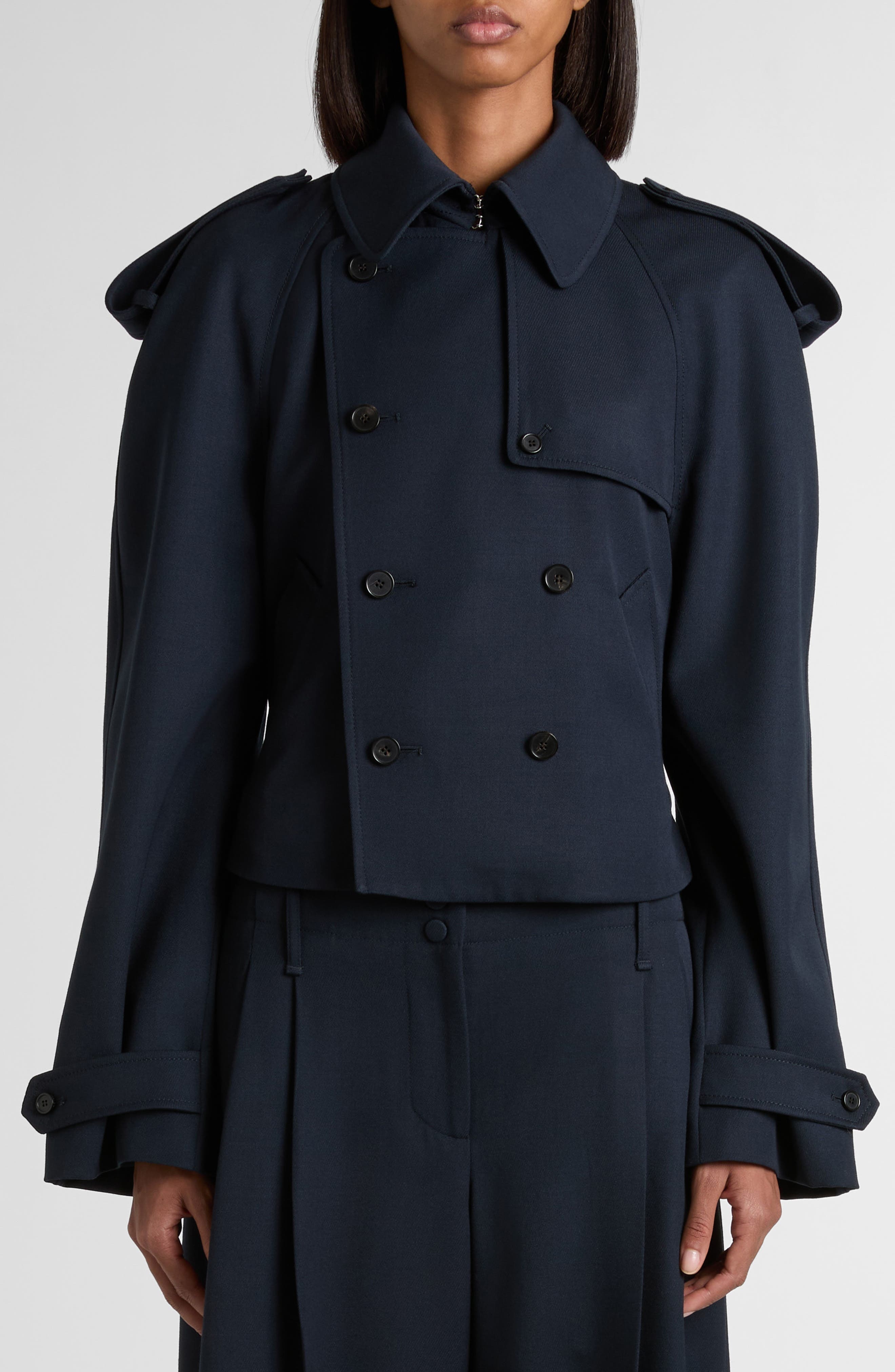 McQueen Double Breasted Wool & Cotton Crop Trench Coat in Navy at Nordstrom - 5