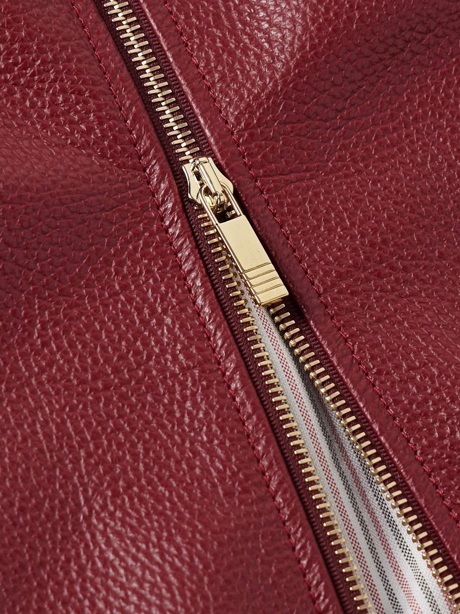 Striped Full-Grain Leather Bomber Jacket Burgundy - 5