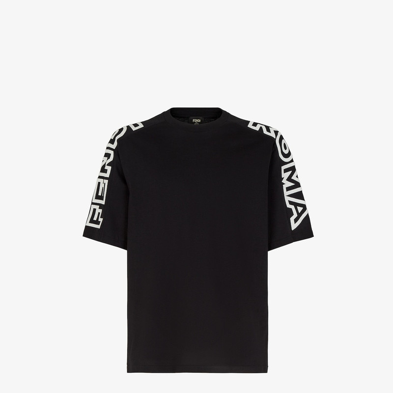 Regular-fit, short-sleeved T-shirt. Made of black jersey. Customized with the Fendi Roma logo embroi 1
