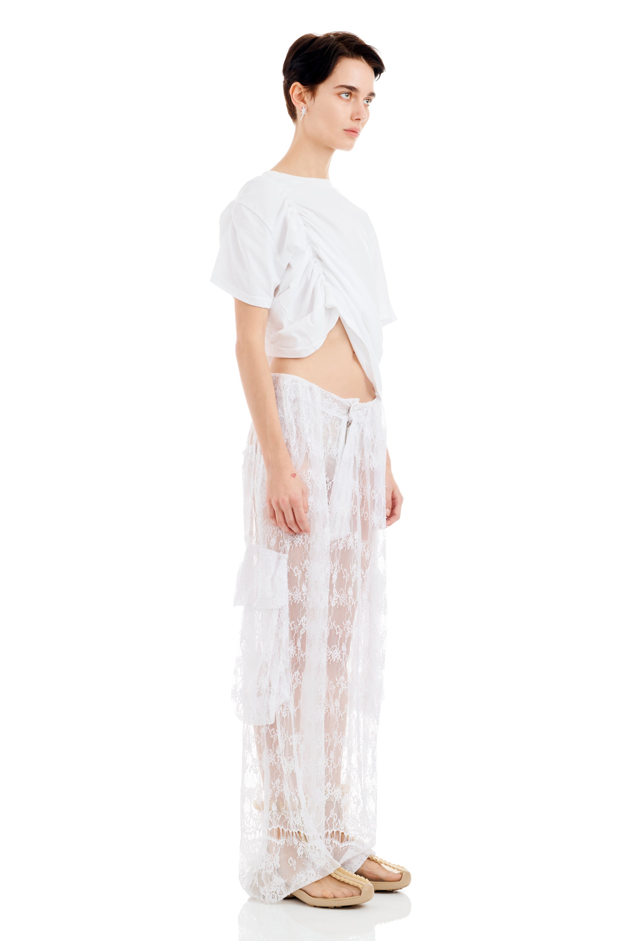 WHITE LACE PLEATED CARGO PANT - 3