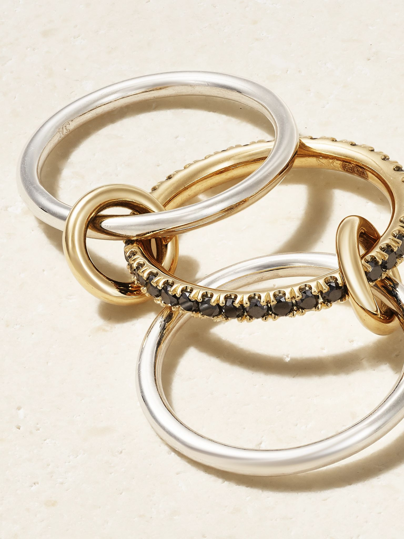 Tigris set of three 18-karat gold, sterling silver and blackened diamond rings Black - 4
