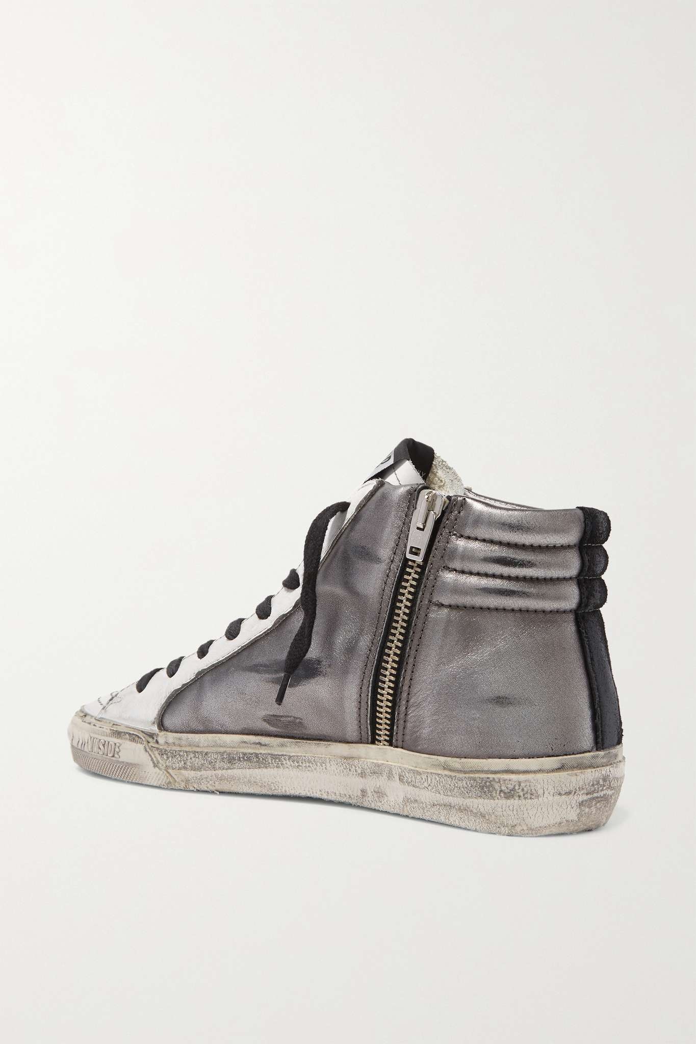 Slide distressed suede-trimmed leather and Lurex high-top sneakers - 3