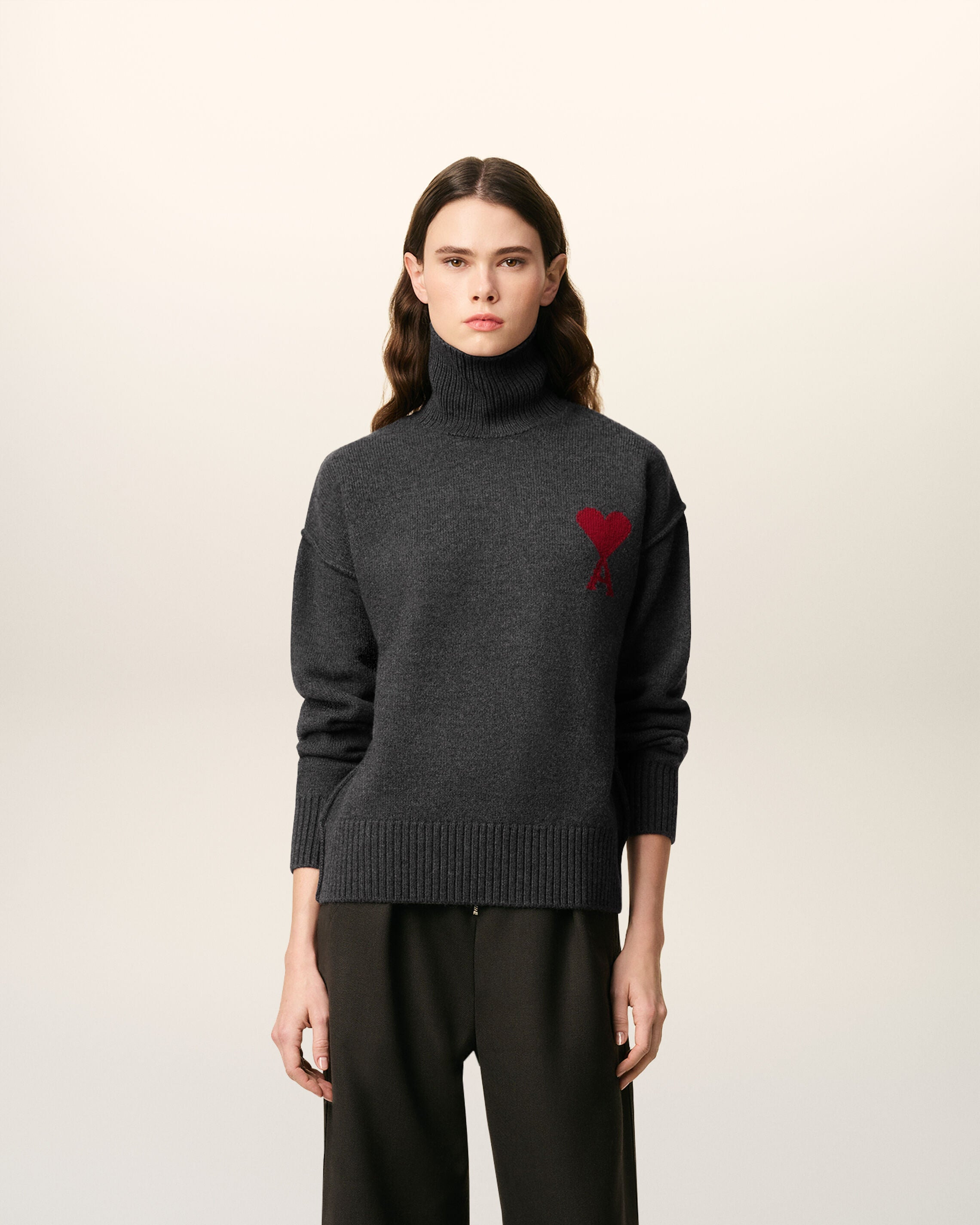 GREY WOOL AMI DE COEUR FUNNEL NECK SWEATER - 2