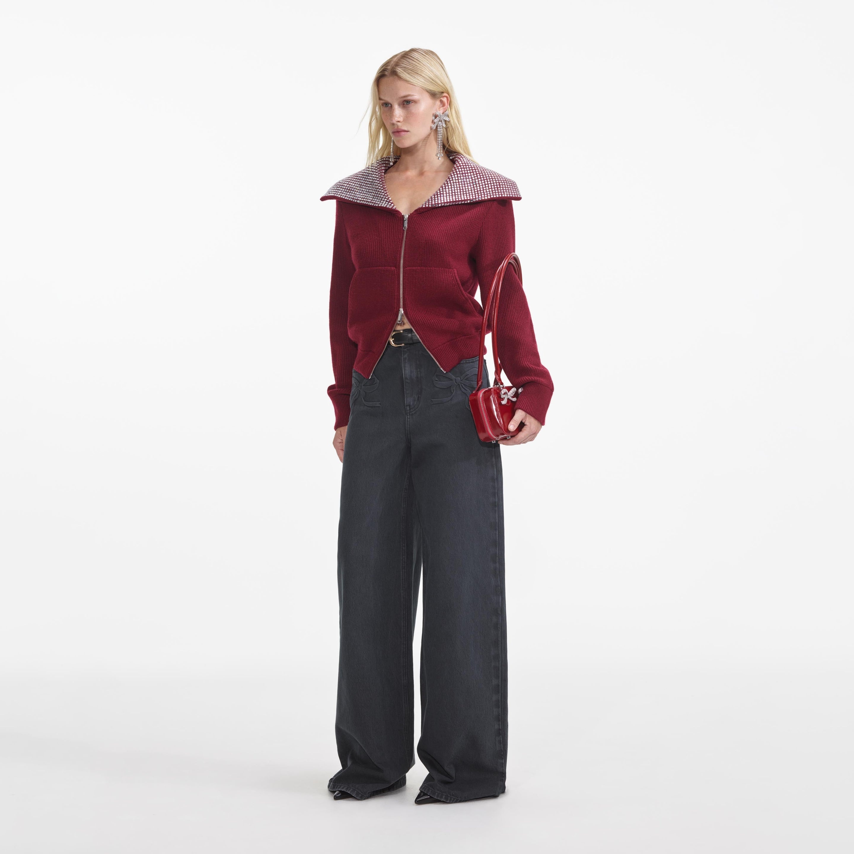 Burgundy Diamante Collar Knit Jacket - 2