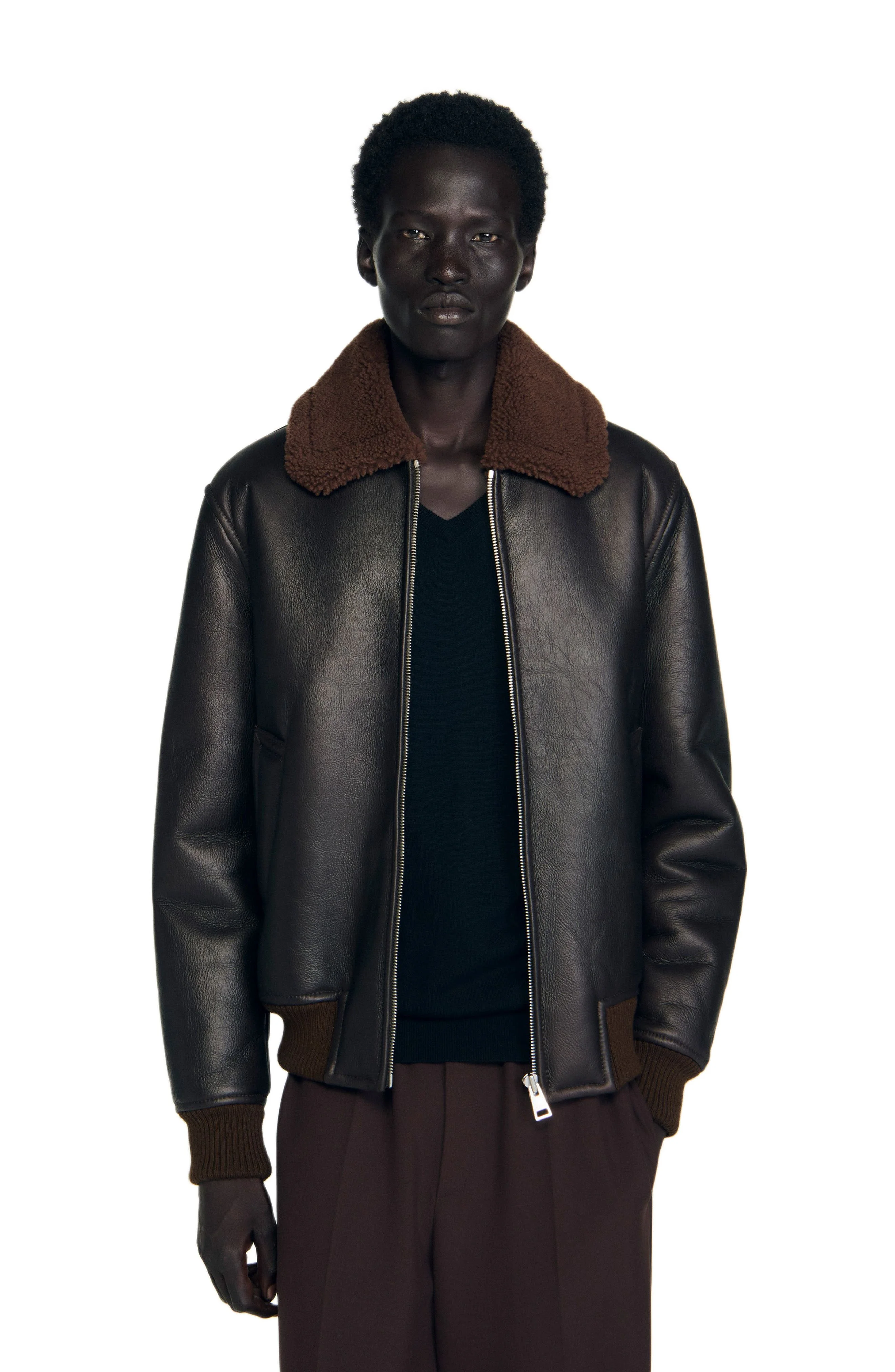SANDRO Reversed leather jacket in Chocolate at Nordstrom - 1