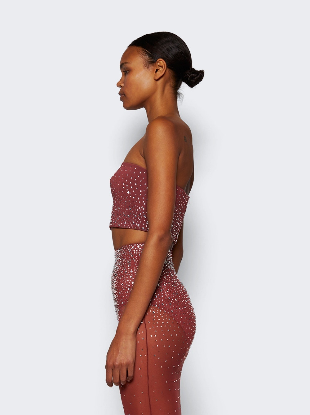Strapless Crop Top In Crystal Porwer Mesh Cognac - 4
