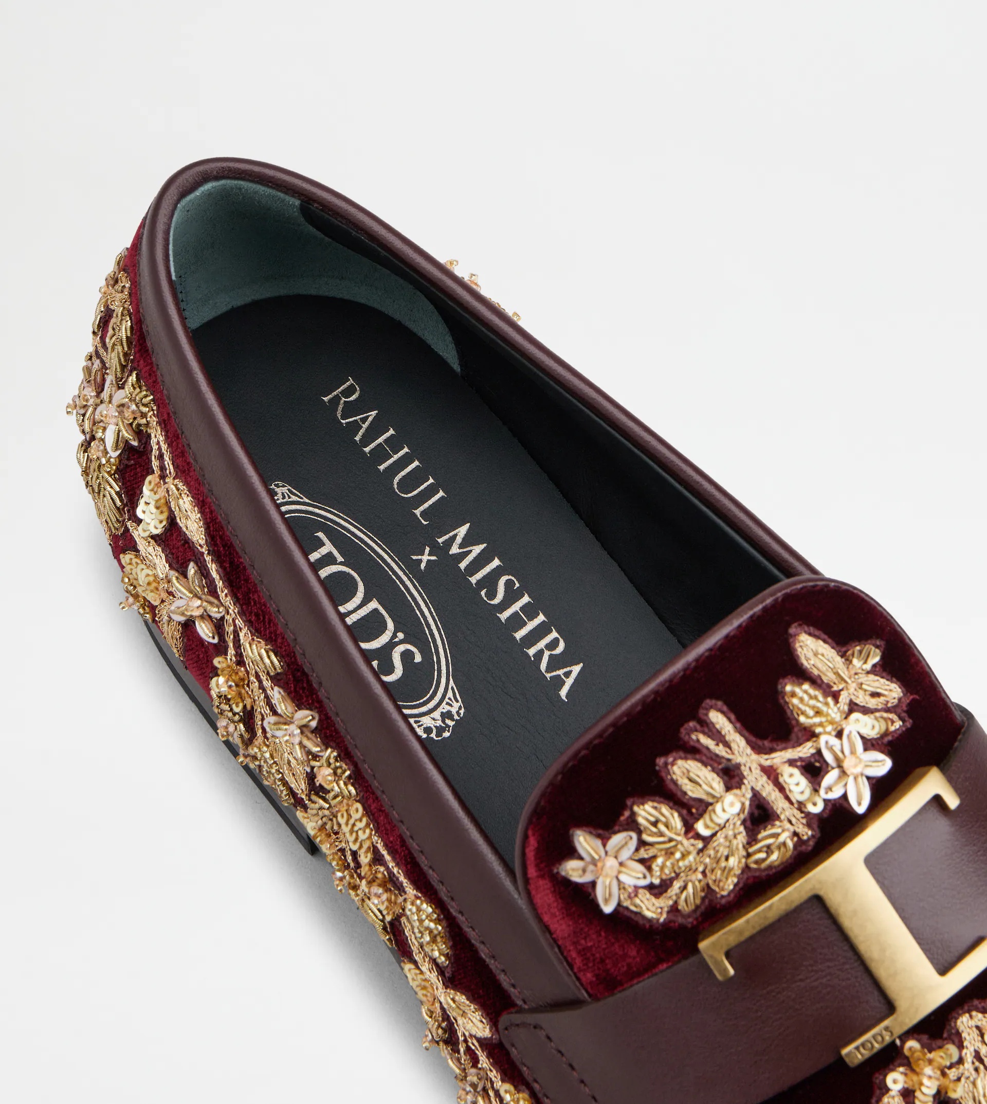 T TIMELESS LOAFERS IN VELVET AND LEATHER - BURGUNDY, GOLD - 6