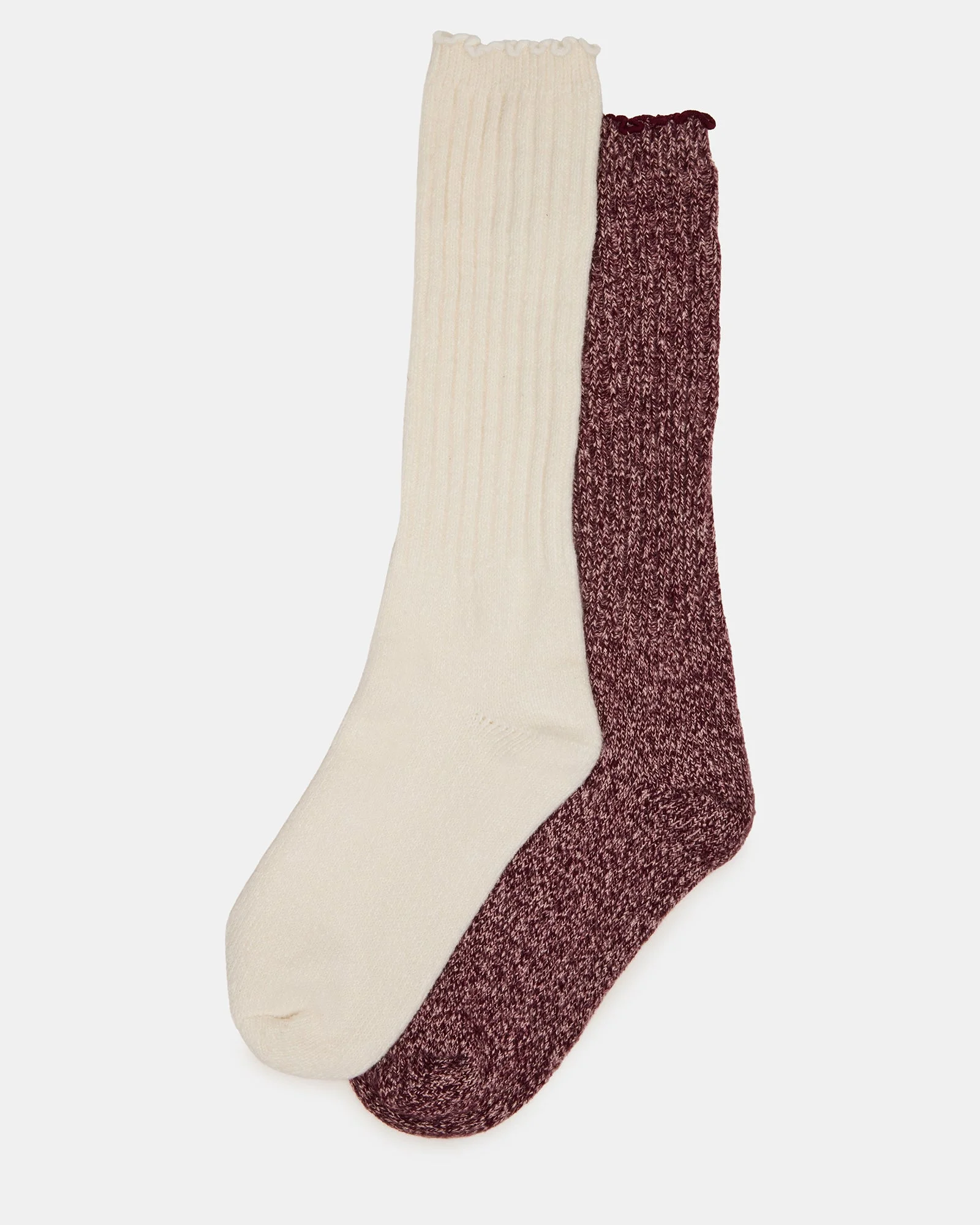 2 PACK SUPER SOFT LETTUCE EDGE SOCKS IVORY/BURGUNDY - 1