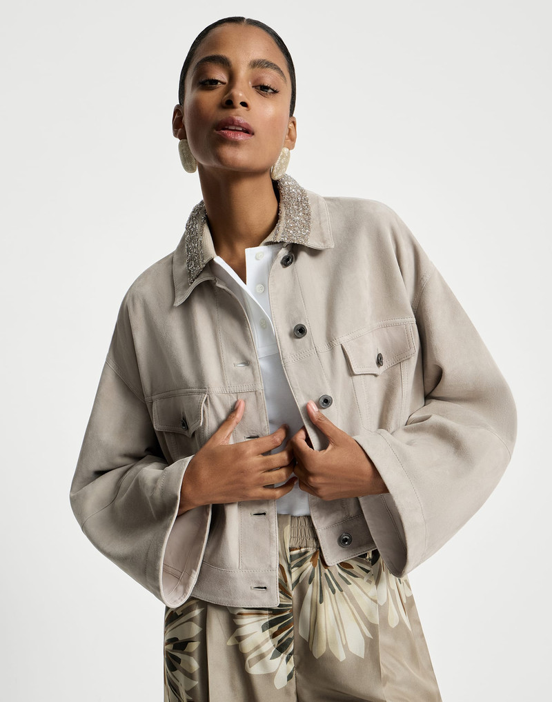 Couture suede outerwear jacket with monili 5