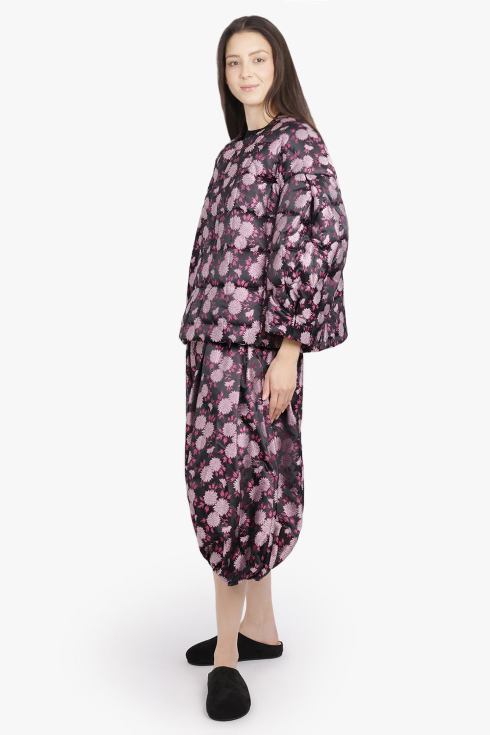 FLORAL PRINT ELASTIC WAIST DROP CROTCH CROP PANT | BLACK/PINK - 6