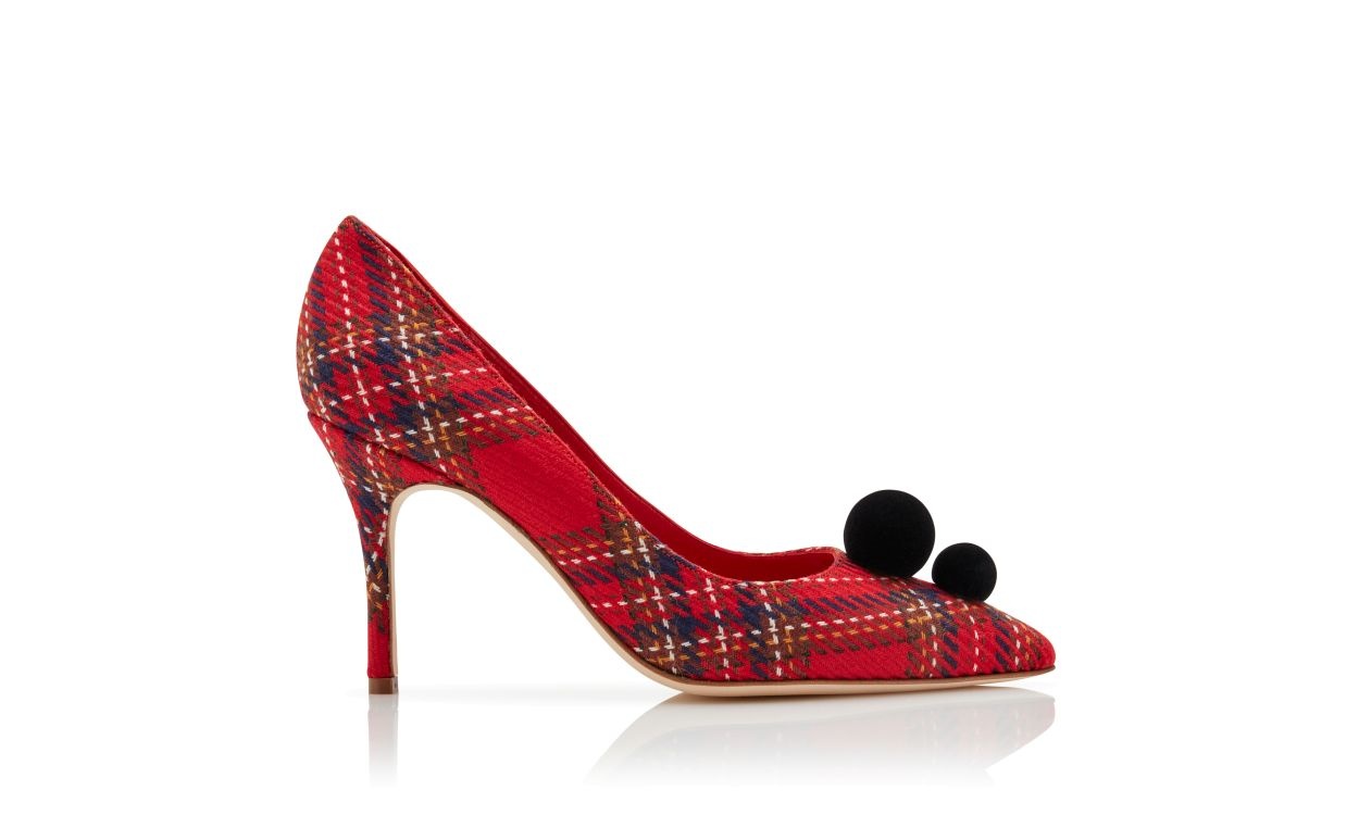 Red Wool Tartan Pom Pom Detail Pumps - 1