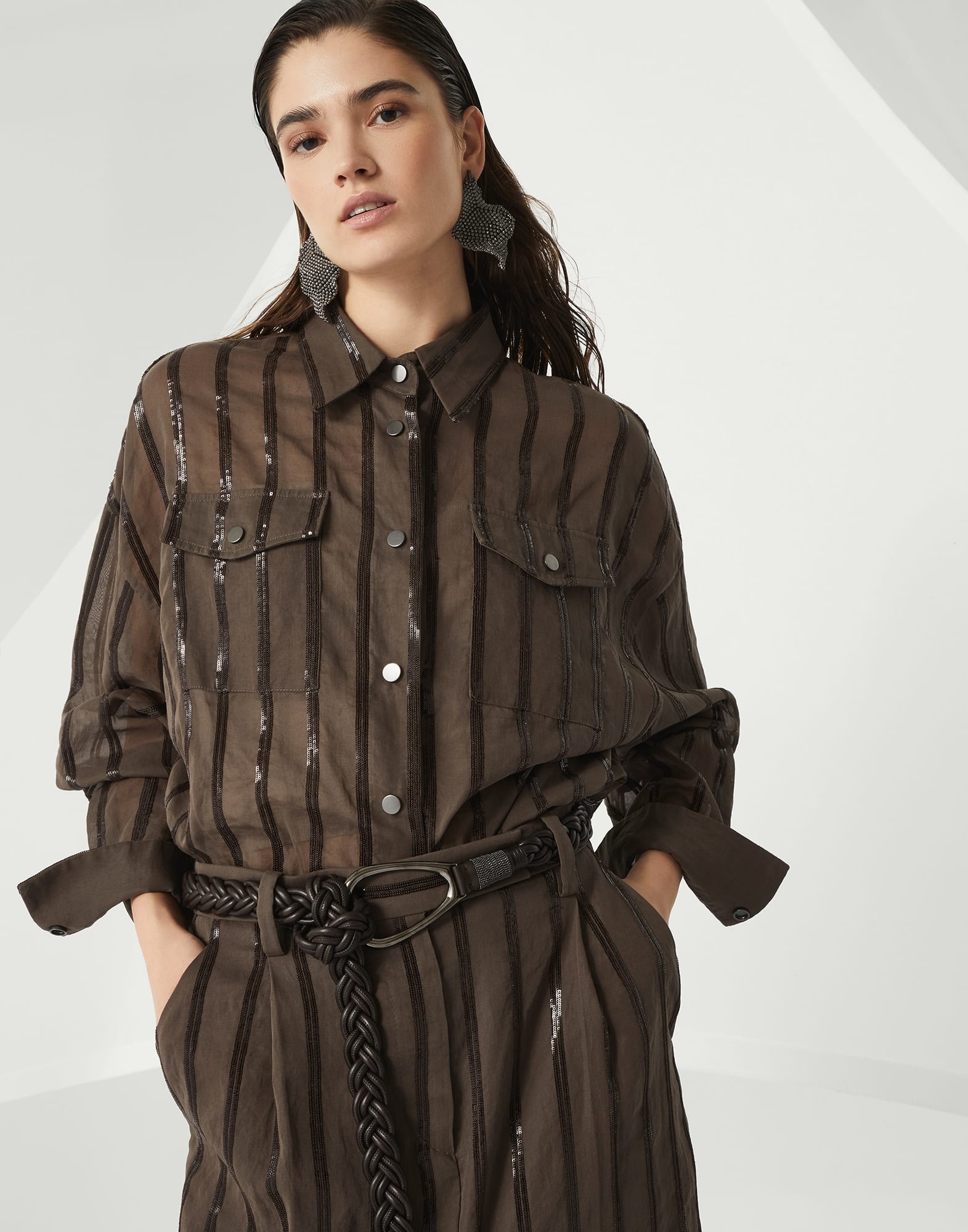 Braided nappa leather belt with precious detail - 3