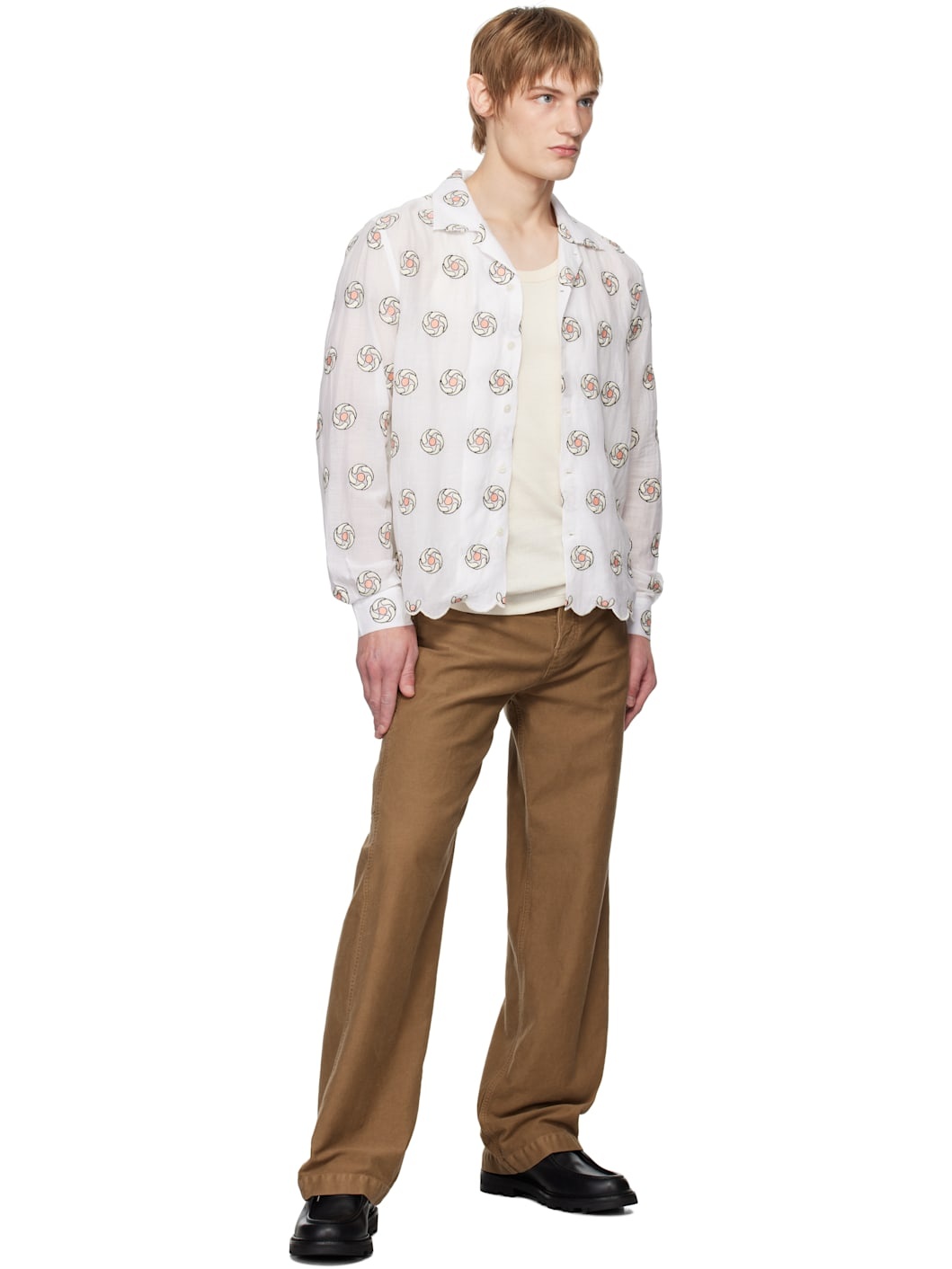 White Floral Aperture Long Sleeve Shirt - 4
