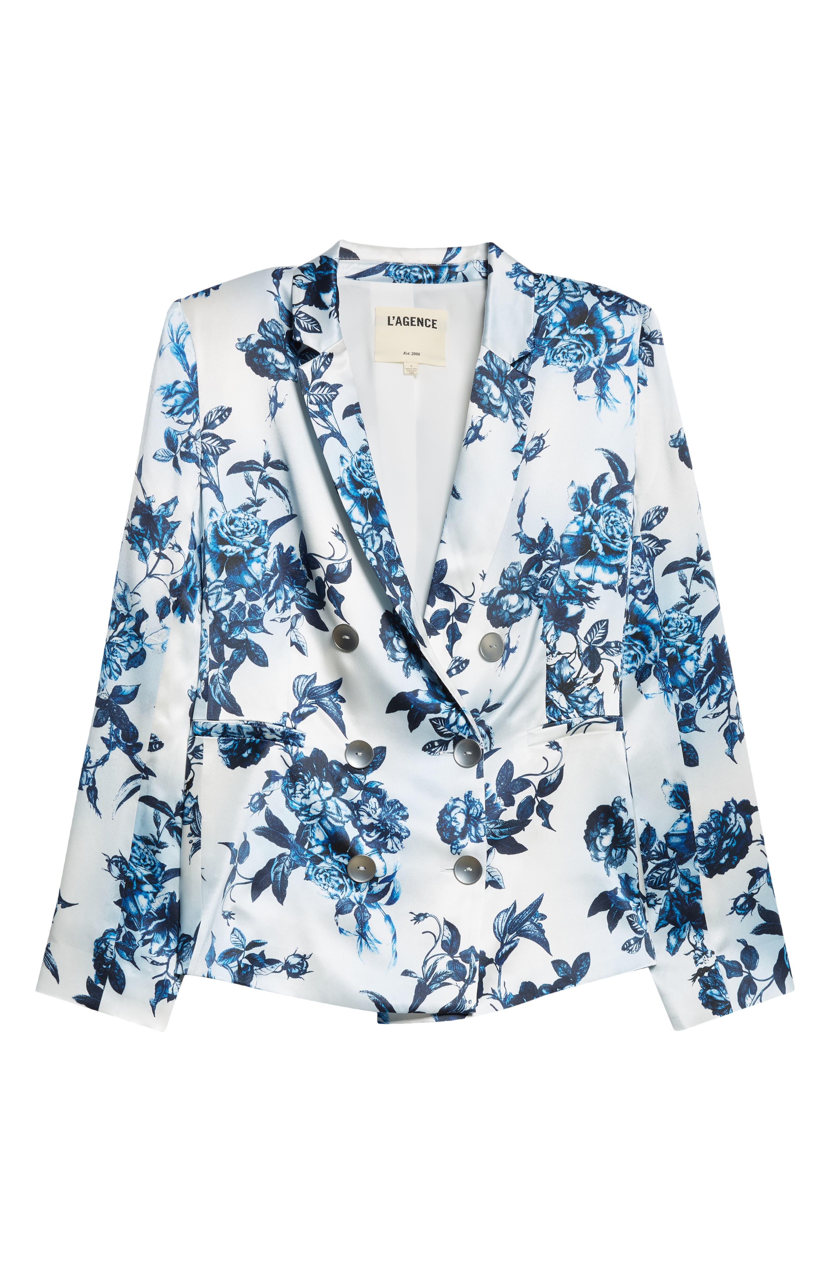 L'AGENCE Colin Floral Double Breasted Silk Blazer in White/Blue Painterly Floral at Nordstrom - 6