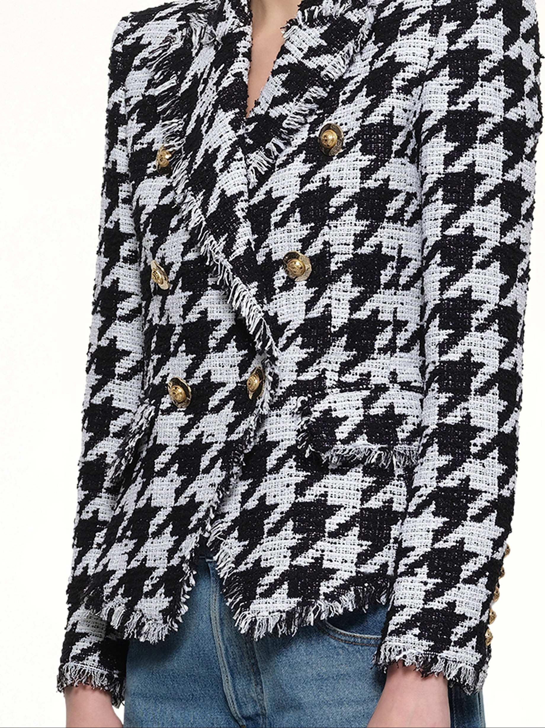 6 Buttons Fitted Tweed Jacket in White/Black - 6