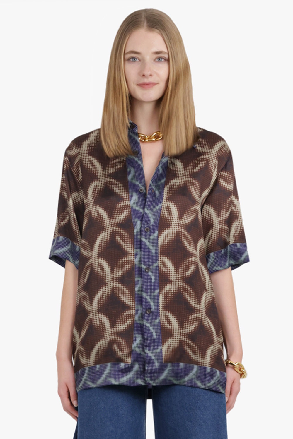 CONTRAST PIXEL GRAPHIC PRINT S/S SHIRT | BROWN/BLUE - 2