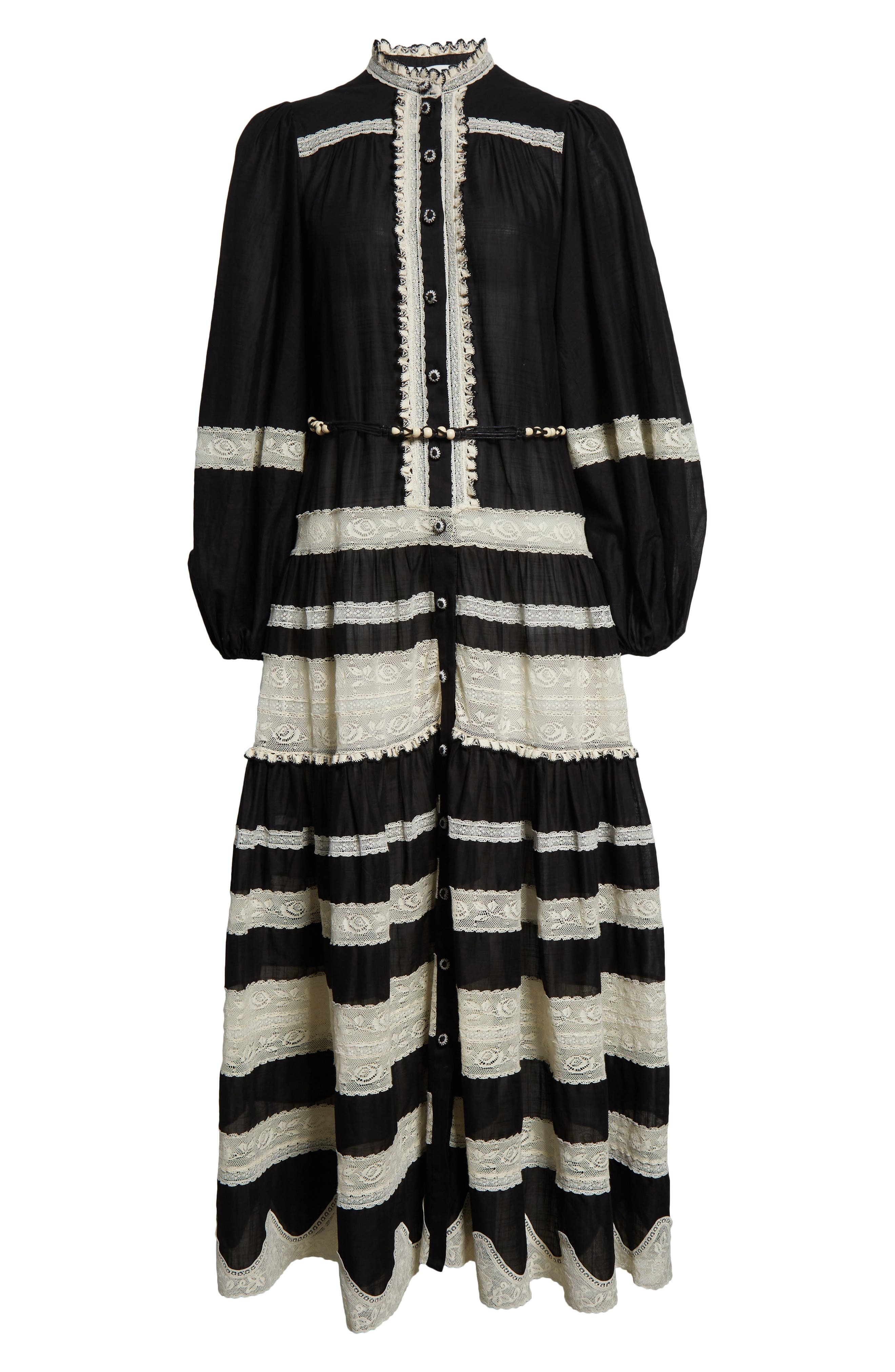 Zimmermann Rhiannon Lace Stripe Long Sleeve Billow Midi Shirtdress in Black/Cream at Nordstrom - 5