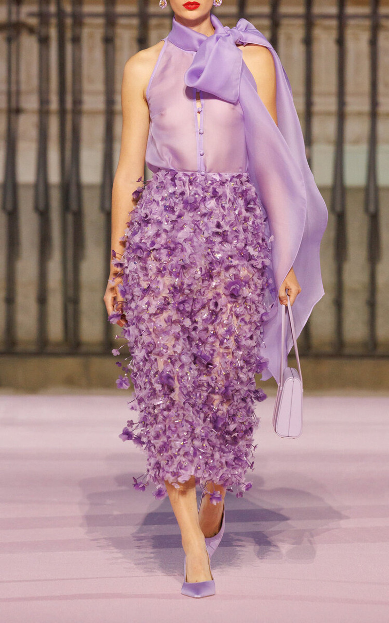 CAROLINA HERRERA Scarf-Collared Crepe Silk Organza Top purple outlook