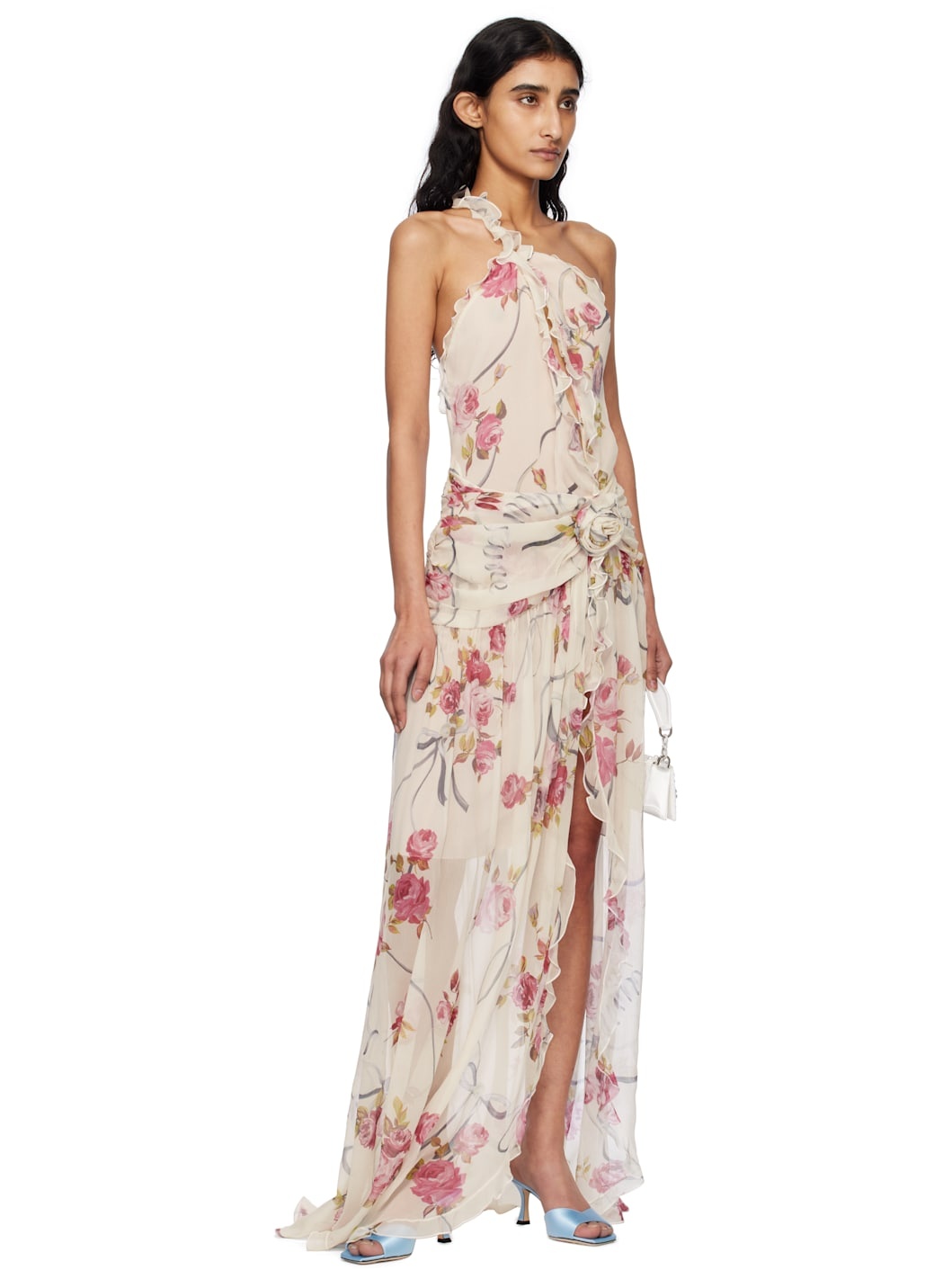 Off-White & Pink One-Shoulder Creponne Maxi Dress - 5