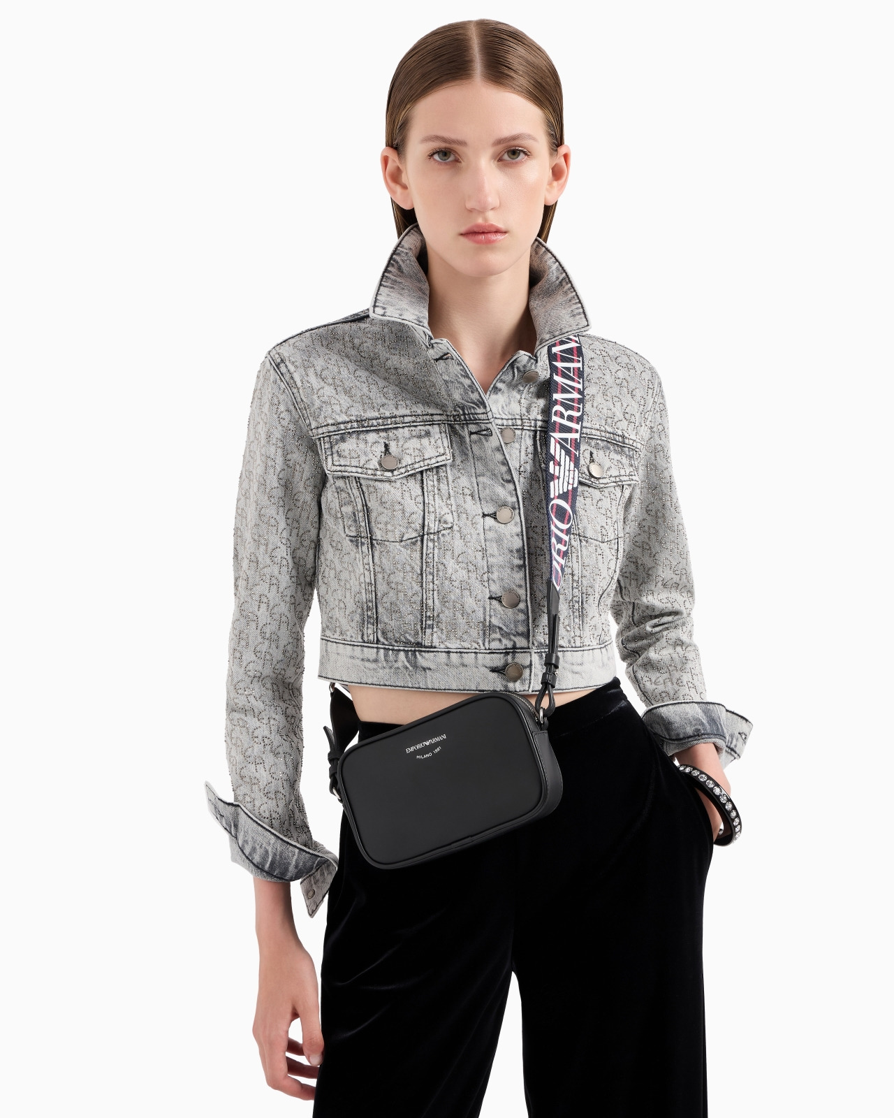 Cropped 12.5 oz denim jacket with all-over rhinestone logo - 6