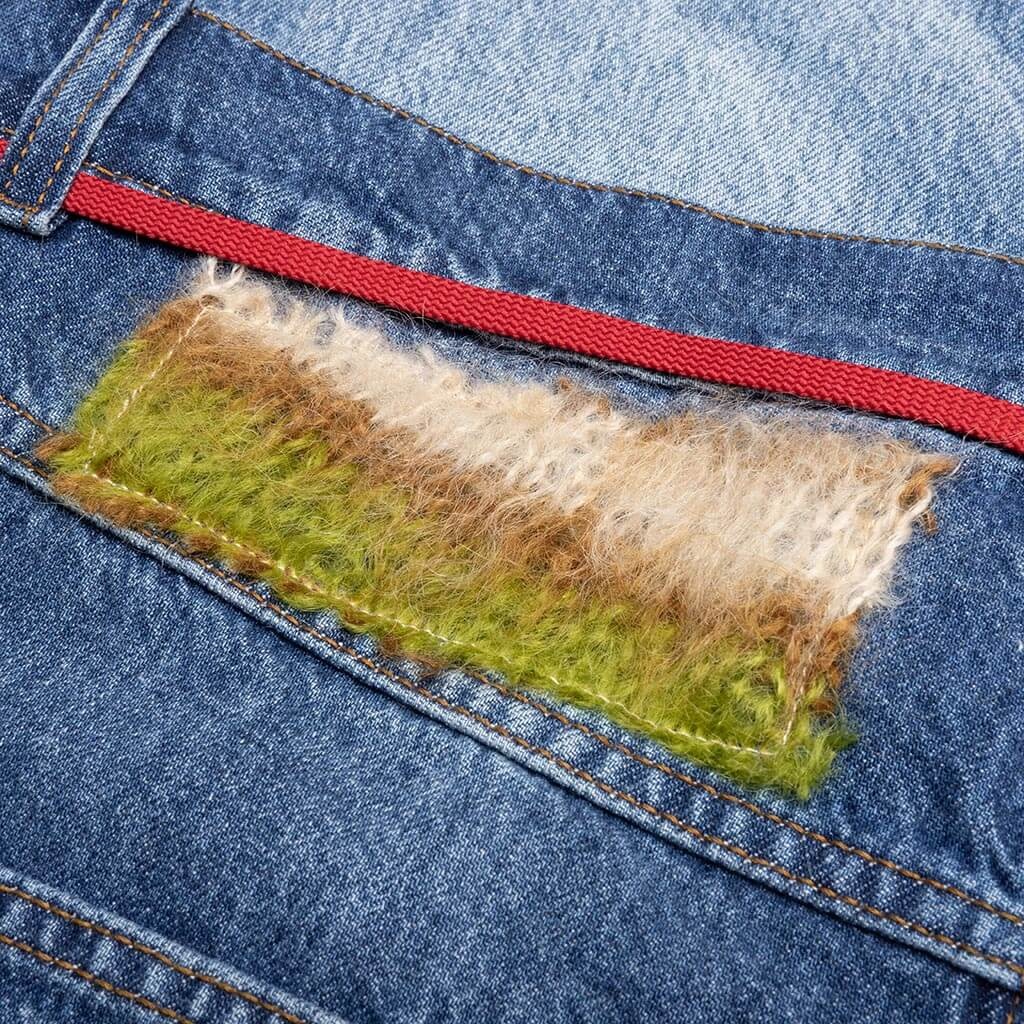 BLUE ORGANIC DENIM JEANS WITH MOHAIR PATCHES - IRIS BLUE - 6