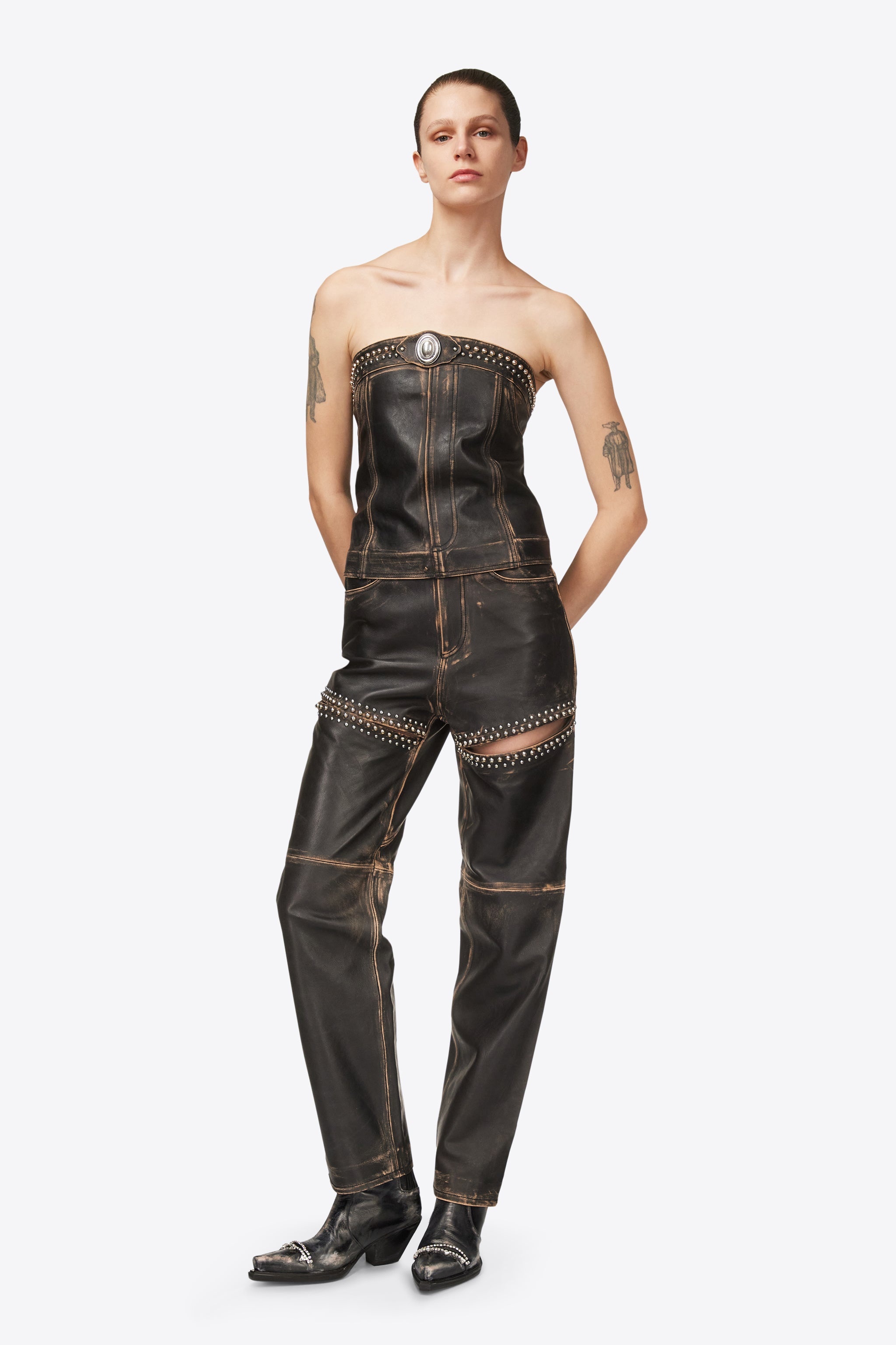 STUDDED LEATHER STRAPLESS TOP - 4