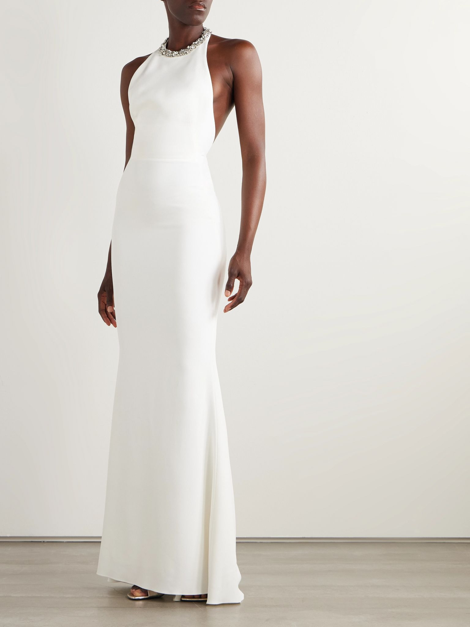 Crystal-embellished satin-crepe halterneck gown Ivory - 2