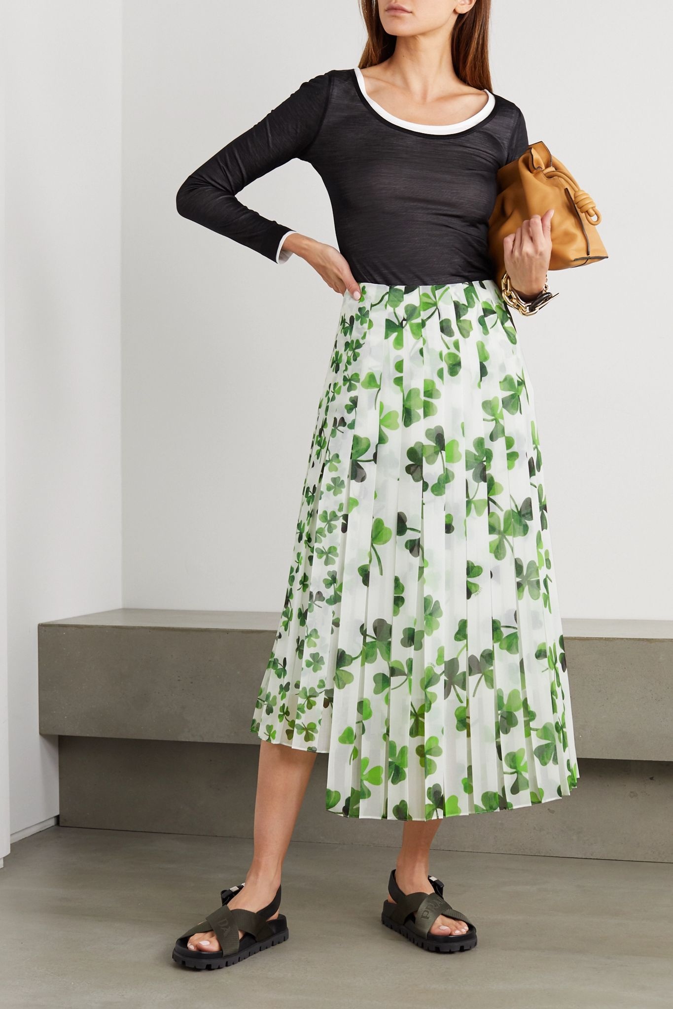 Asymmetric pleated printed chiffon midi skirt  - 2