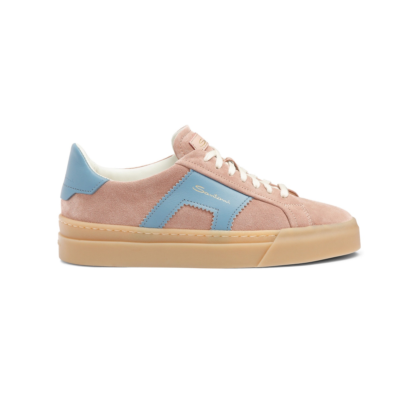 Women's pink and light blue suede and leather double buckle sneaker - 1