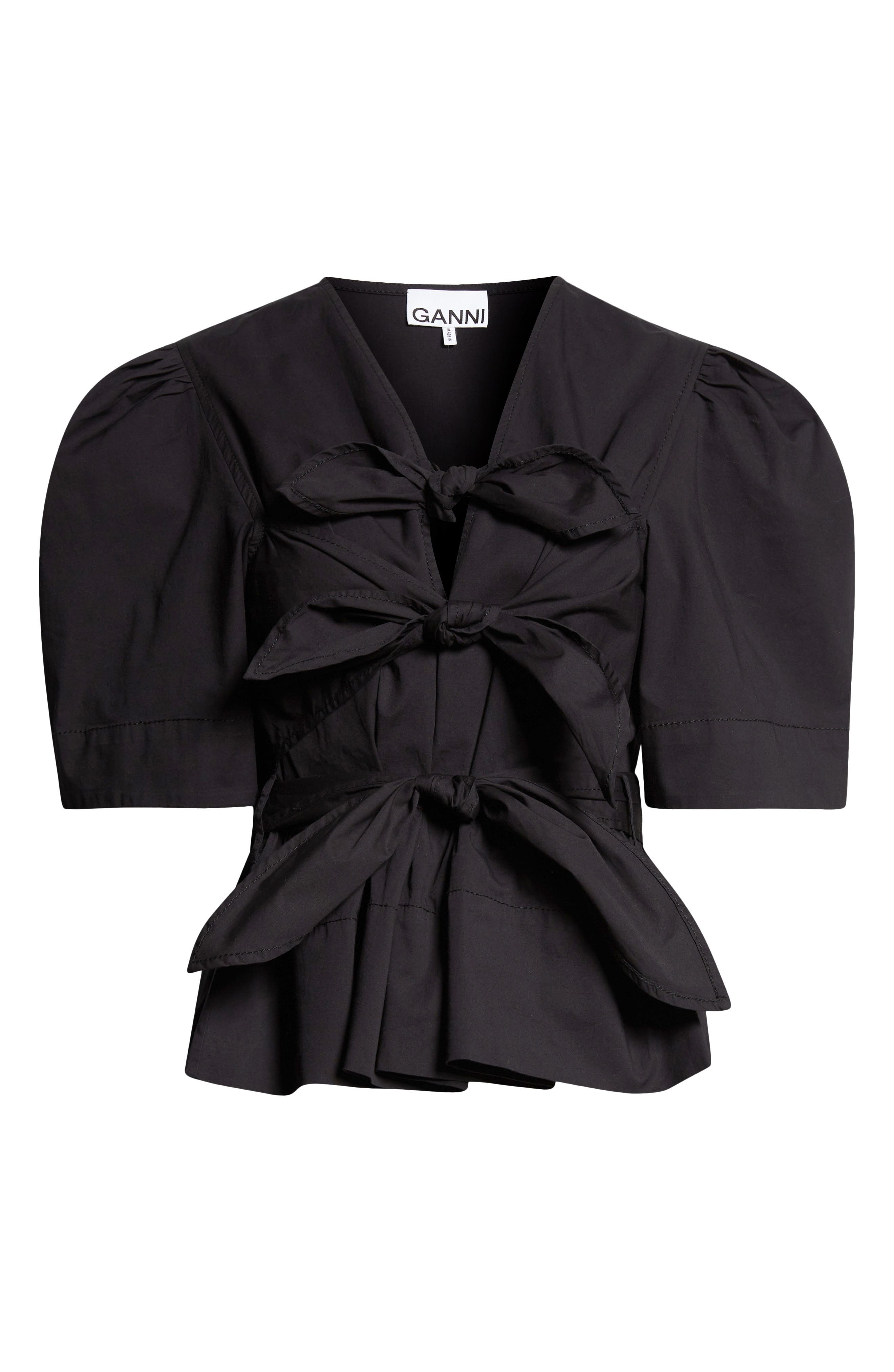 Ganni Bow Front Puff Sleeve Organic Cotton Poplin Top in Black at Nordstrom - 5