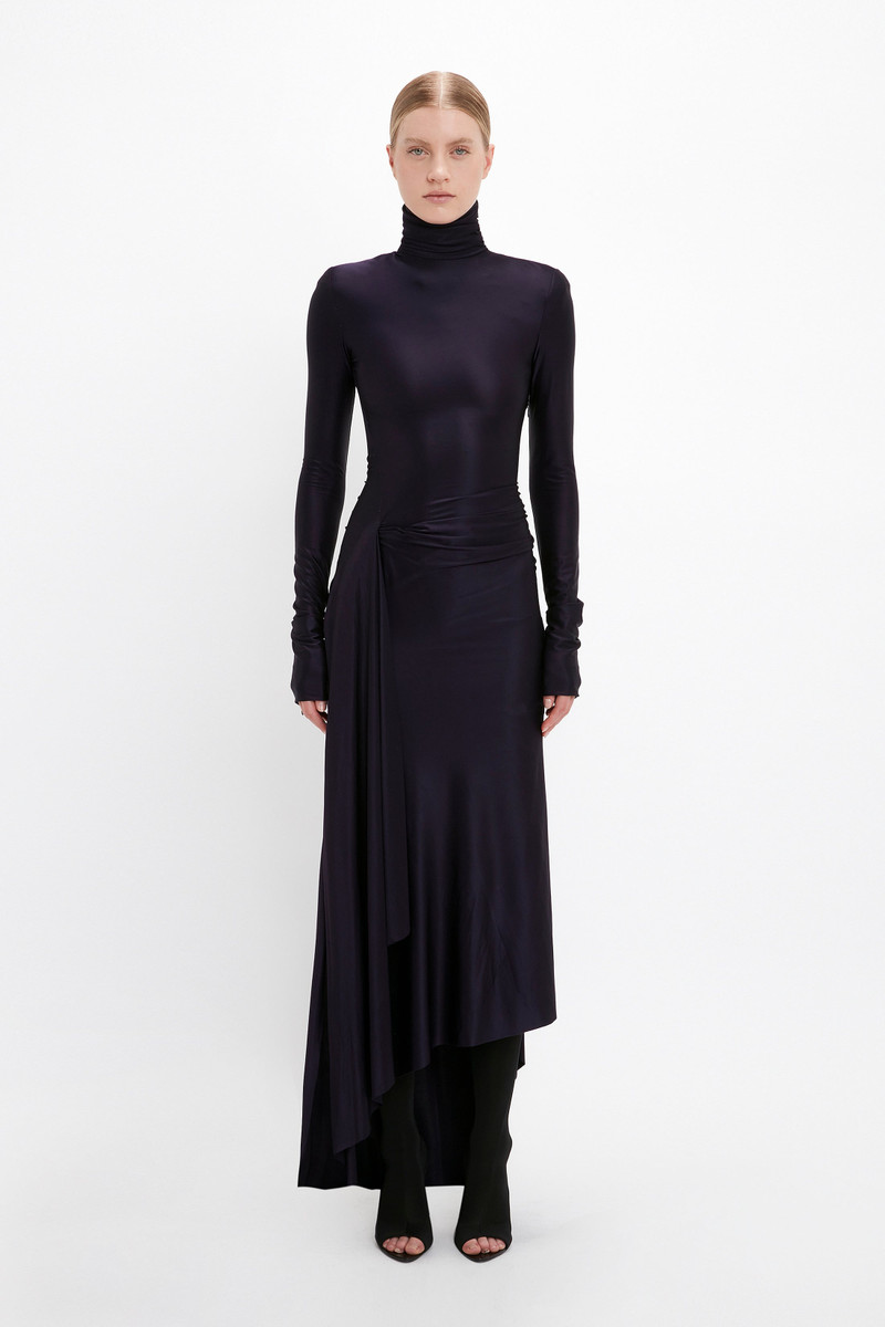 Victoria Beckham Long Sleeve High Neck Jersey Dress In Blackberry outlook