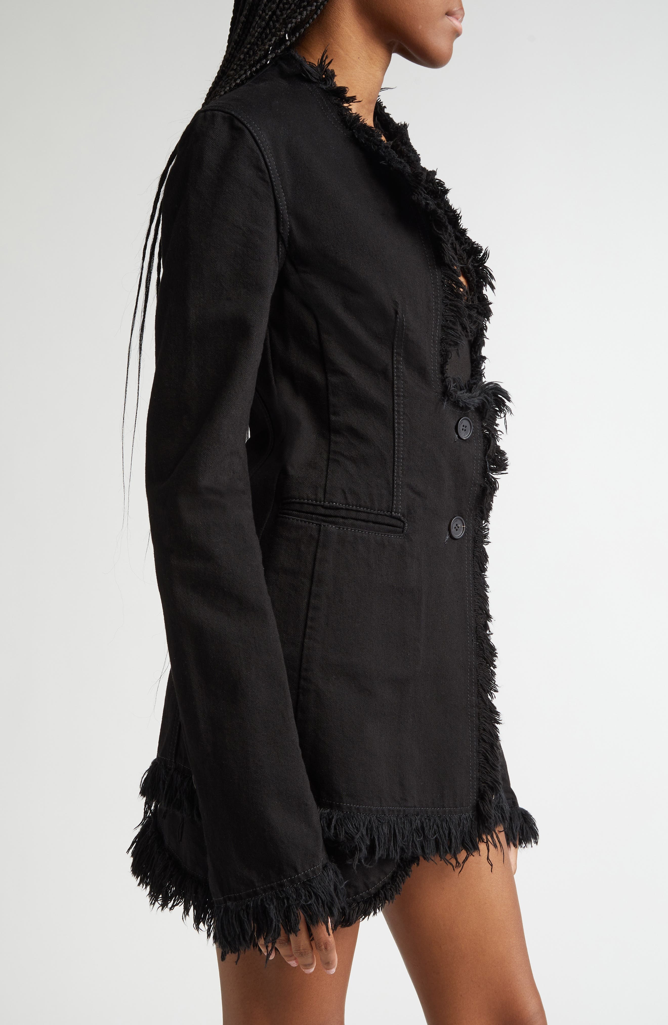 FERRAGAMO Asymmetric Raw Edge Denim Blazer in Nero at Nordstrom - 3