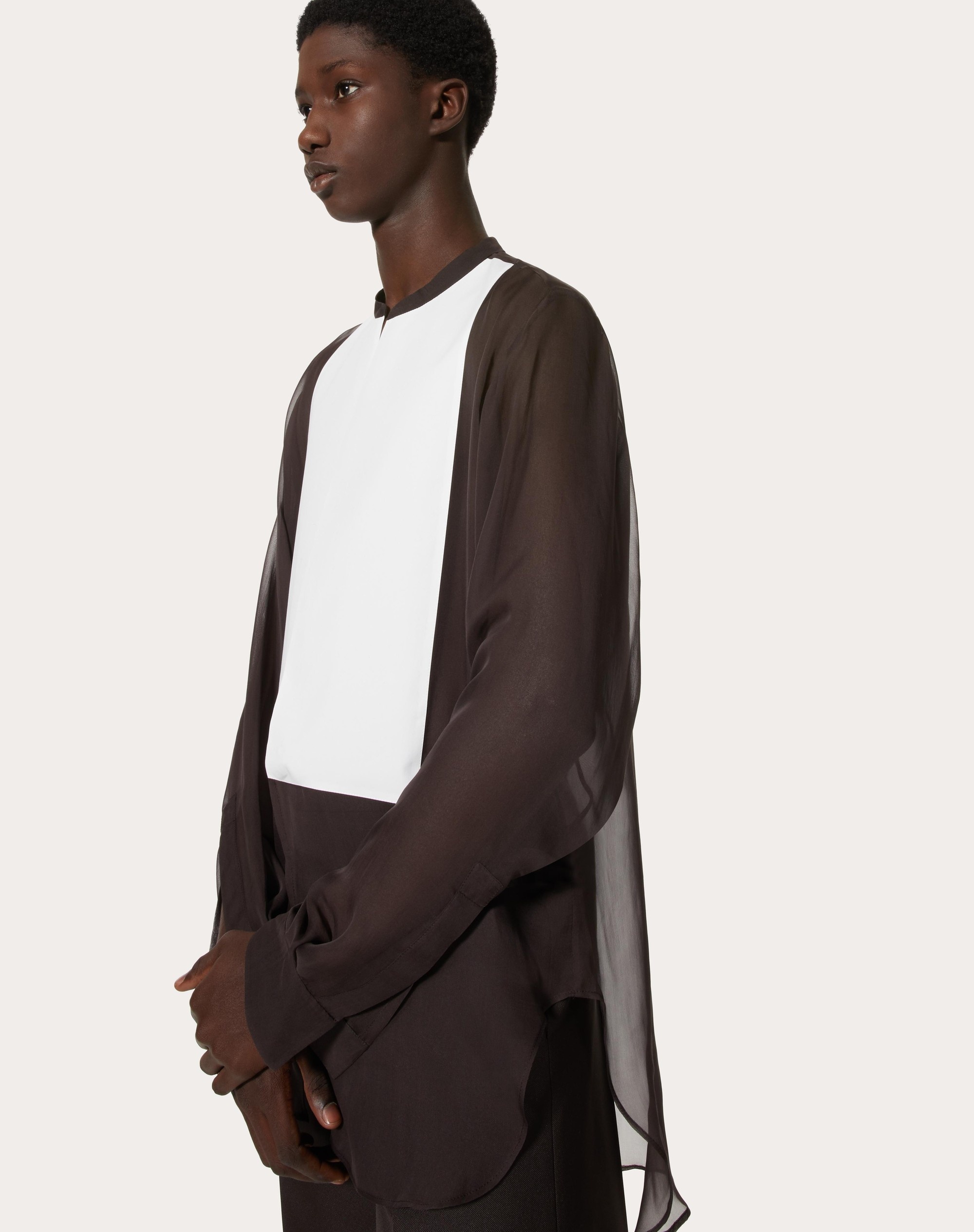 SHIRT IN CHIFFON WITH COTTON PLASTRON AND TIES AT THE WAIST - 5
