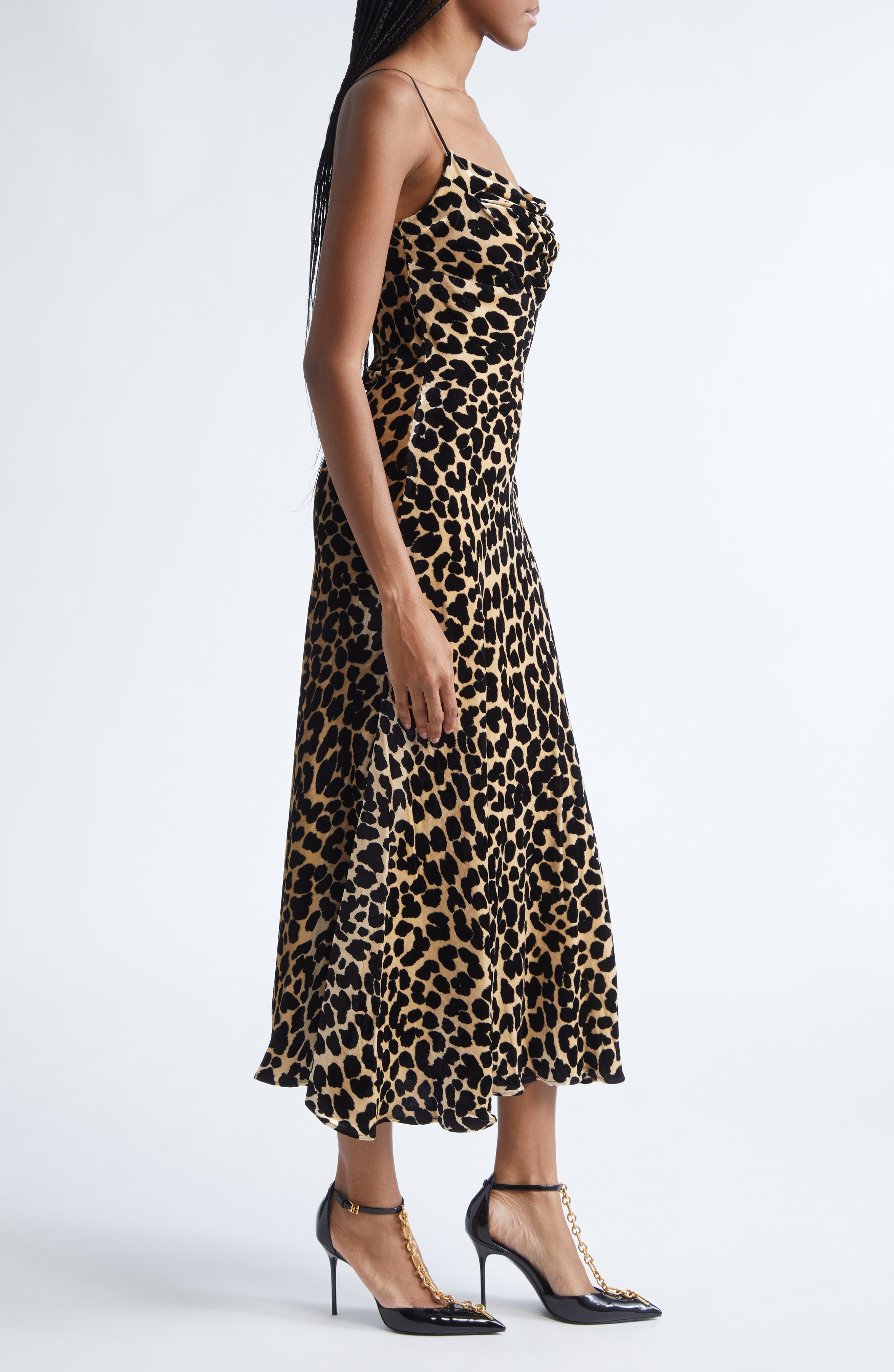 Balmain Leopard Print Cowl Neck Velvet Slip Dress in Gba Beige/Black at Nordstrom - 3