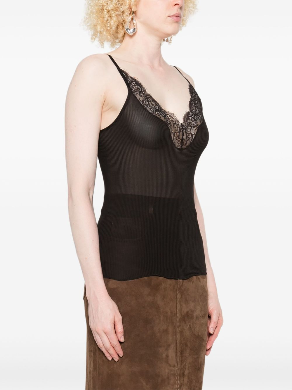 lace-trim ribbed top - 3