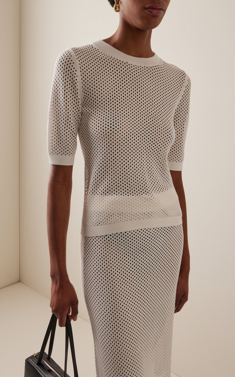 ROSETTA GETTY Cropped-Sleeve Cotton-Blend Mesh Sweater white outlook