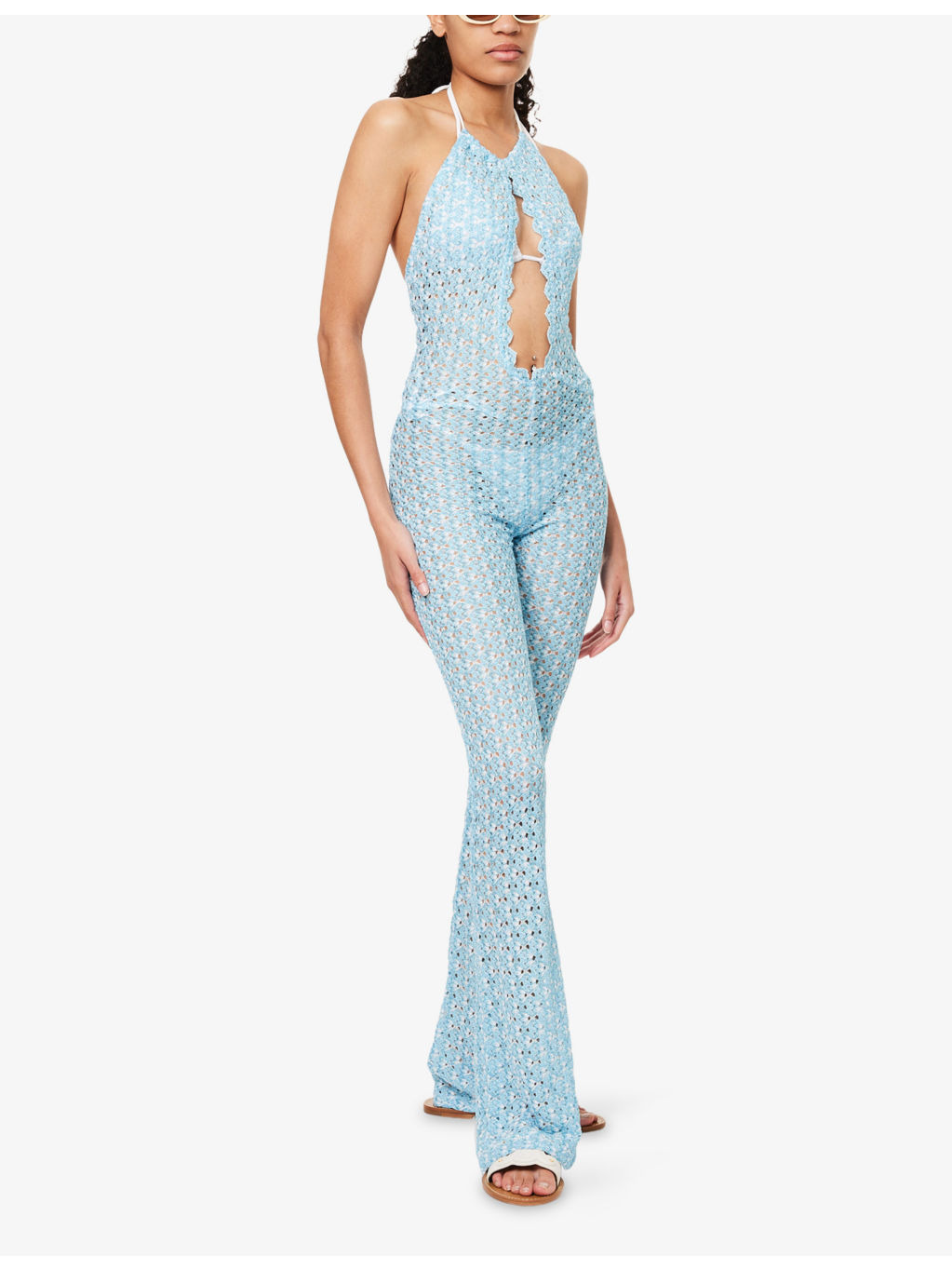 Halterneck Flared Knitted Jumpsuit - 2