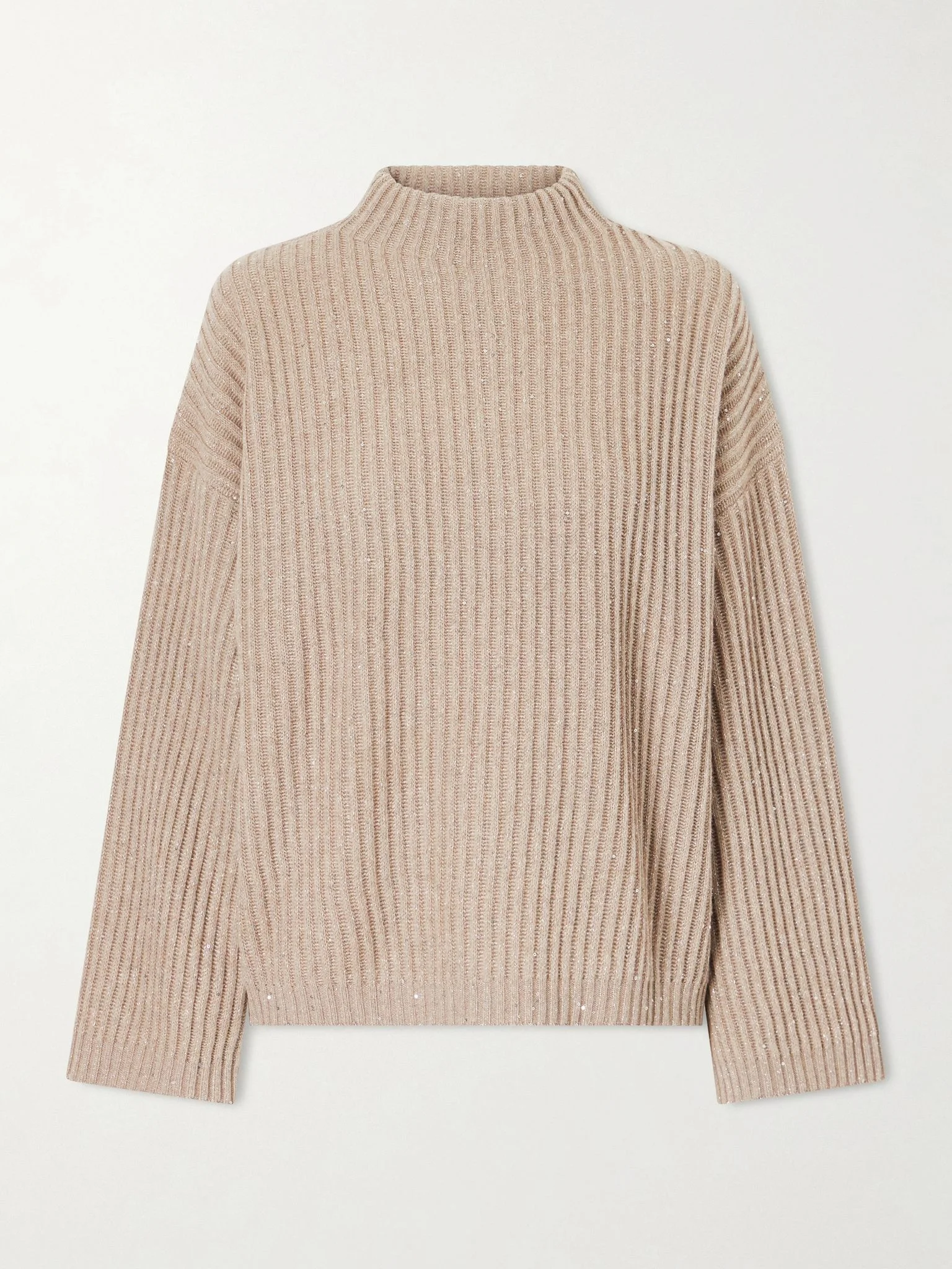 Sequin-trimmed ribbed-knit turtleneck sweater Beige - 1