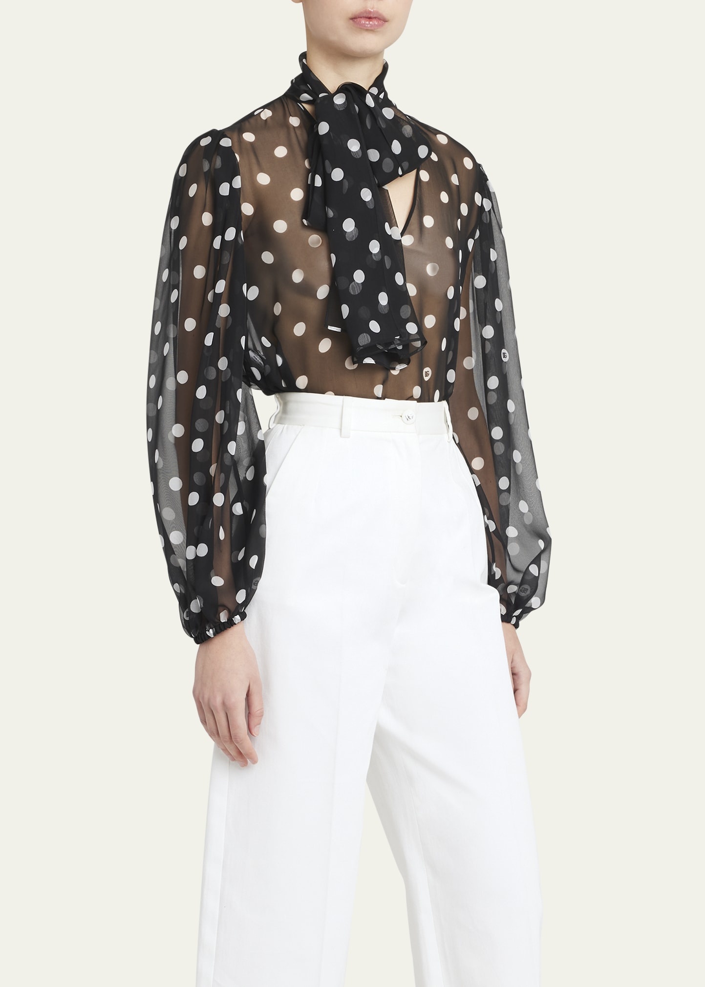 Polka Dot Chiffon Scarf-Neck Blouse - 4