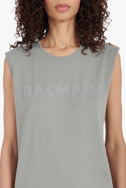 Taupe gray cotton T-shirt with flocked light gray Balmain logo - 6