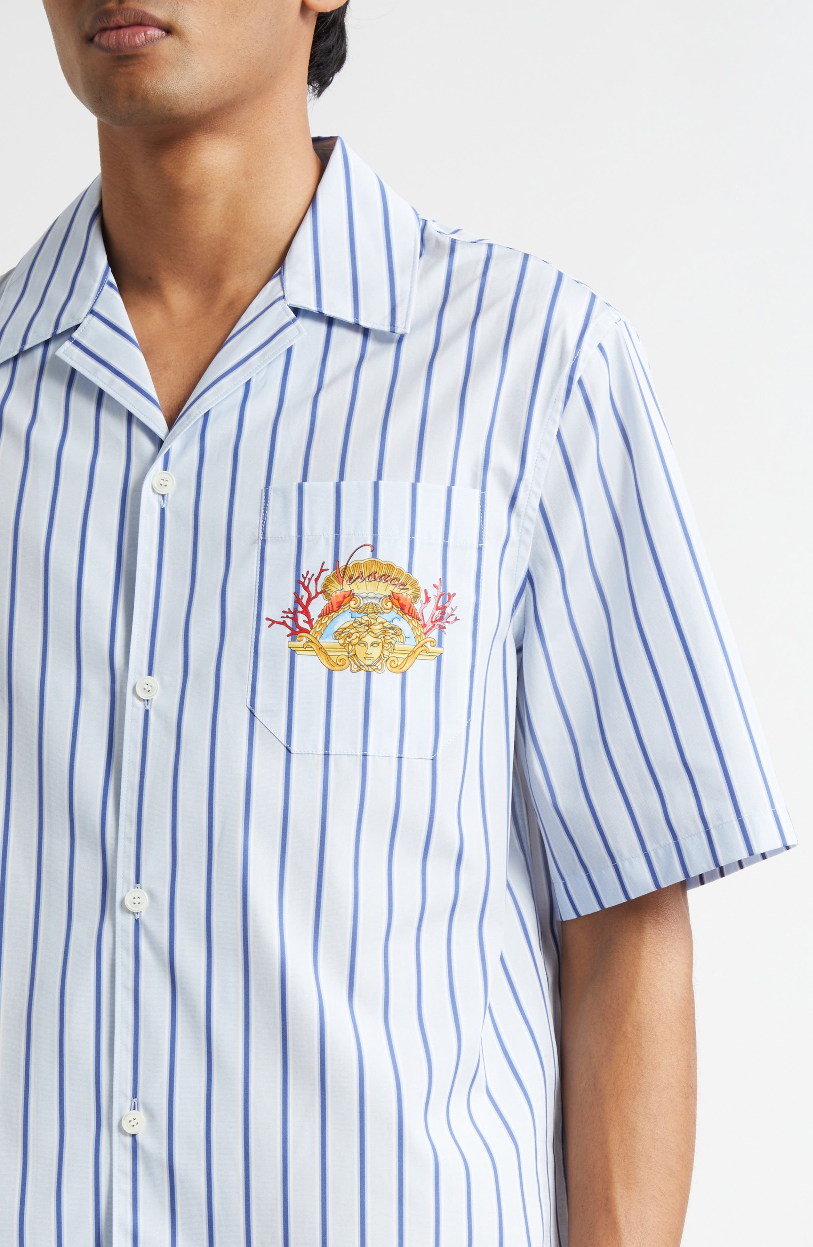 Versace Dive in Crest Cotton Poplin Camp Shirt in Blue Stripes Multi at Nordstrom - 4