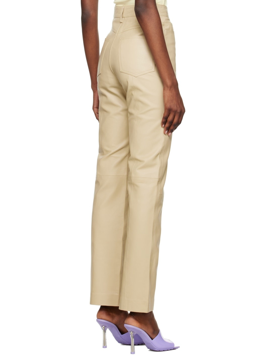 Beige Straight-Leg Leather Pants - 3